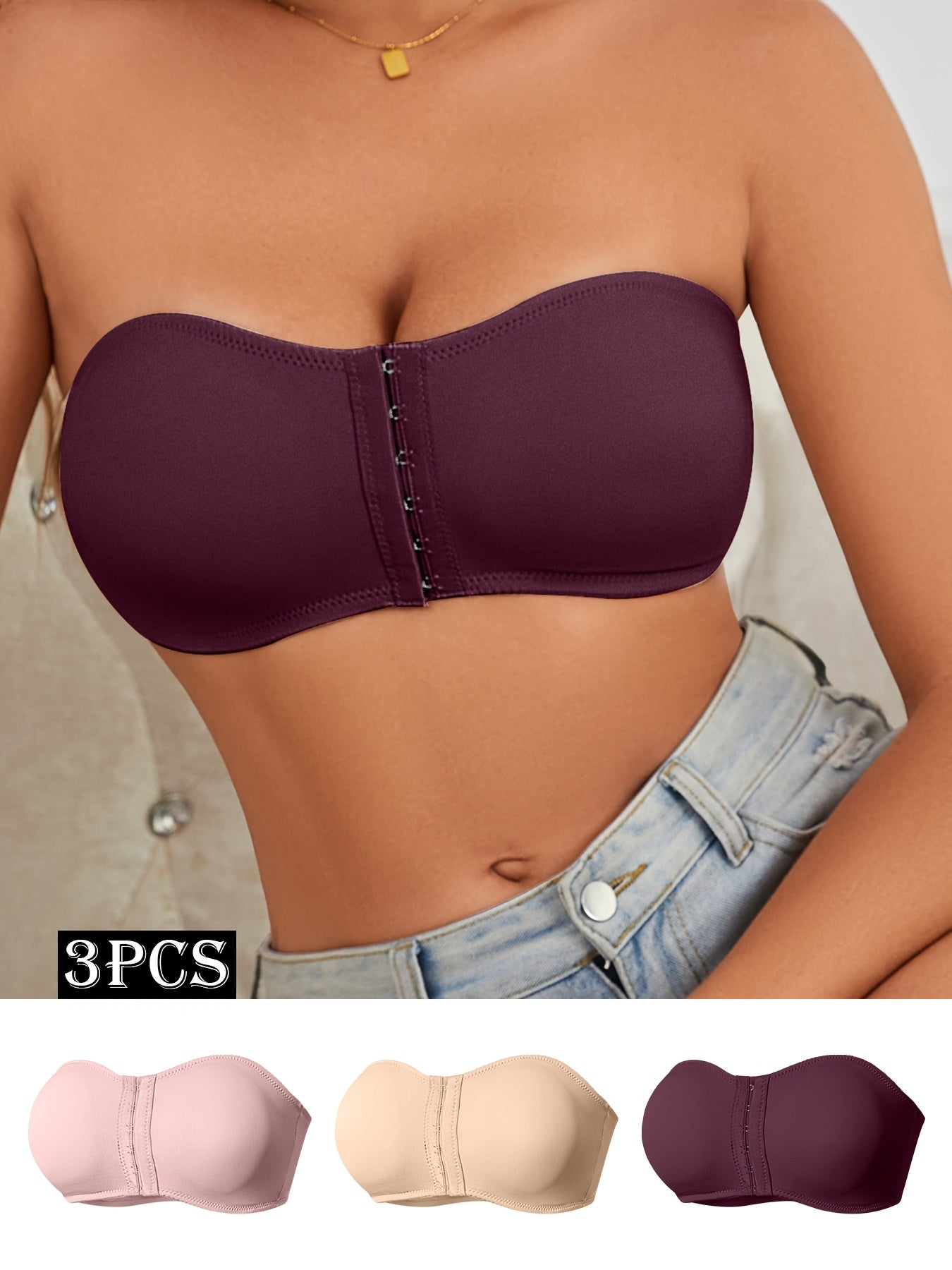 3pcs, Spring and Summer Style, Strapless, No Underwire, Front Closure, Removable Pads, Soft, Breathable, Comfortable, Anti-Displacement