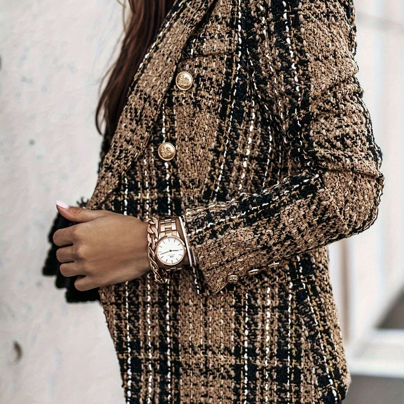 Elegant Plaid Tweed Double-Breasted Blazer for Women
