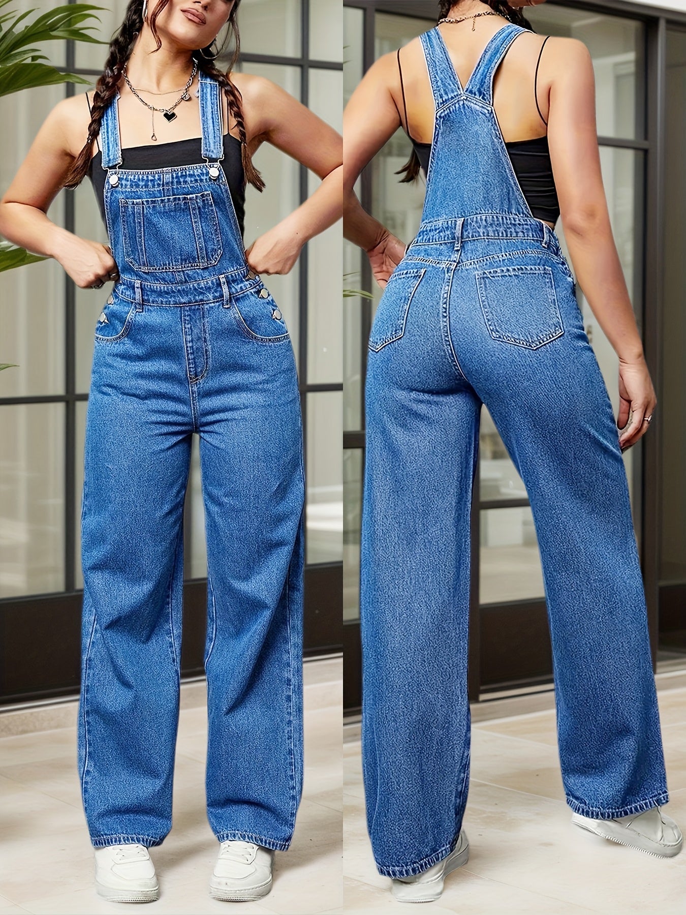 Women's Denim Overalls Jumpsuit - Loose Fit Long Romper with Pocket & Side Pockets, Adjustable Shoulder Straps & Belt Loop Waist, Sleeveless Solid Color Casual Chic Outfit for All Seasons, Versatile Clothing, Secure Button Cl