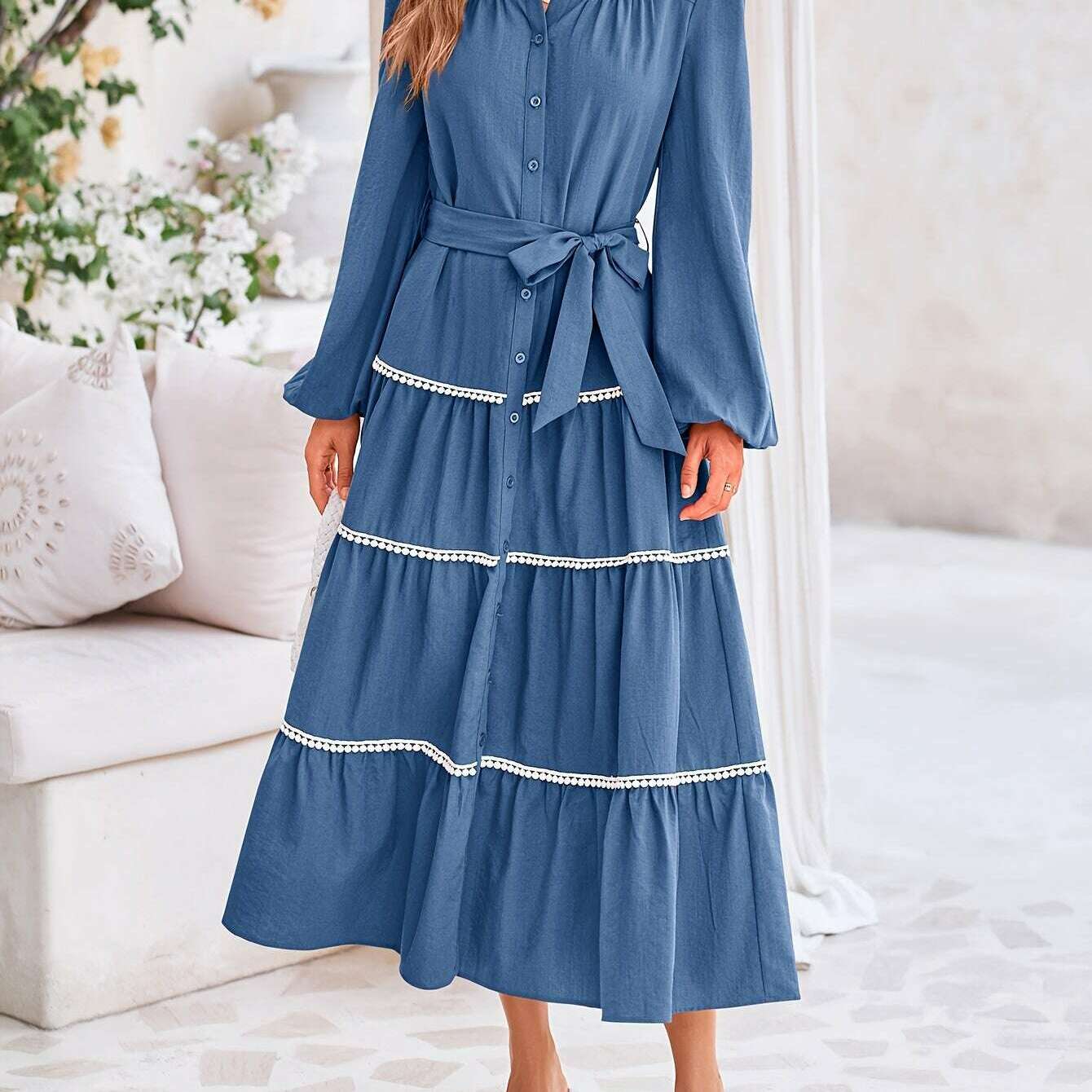 Women'S Spring Casual Dress Loose Drawstring Lantern Sleeve Long Sleeve Tier Dress With Pockets
