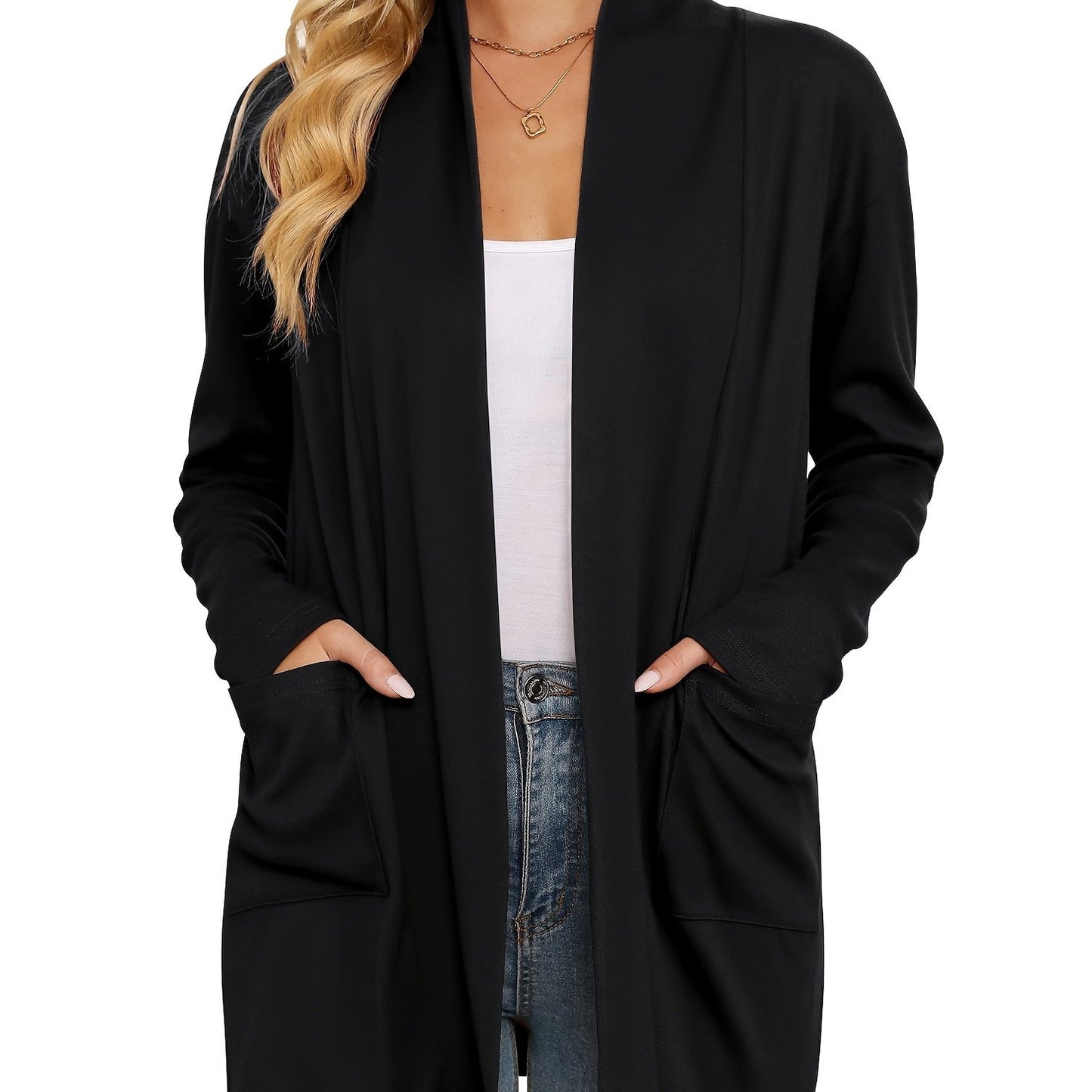 Spring & Autumn Women's Casual Solid Color Cardigan – Open Placket with Double Pocket Design