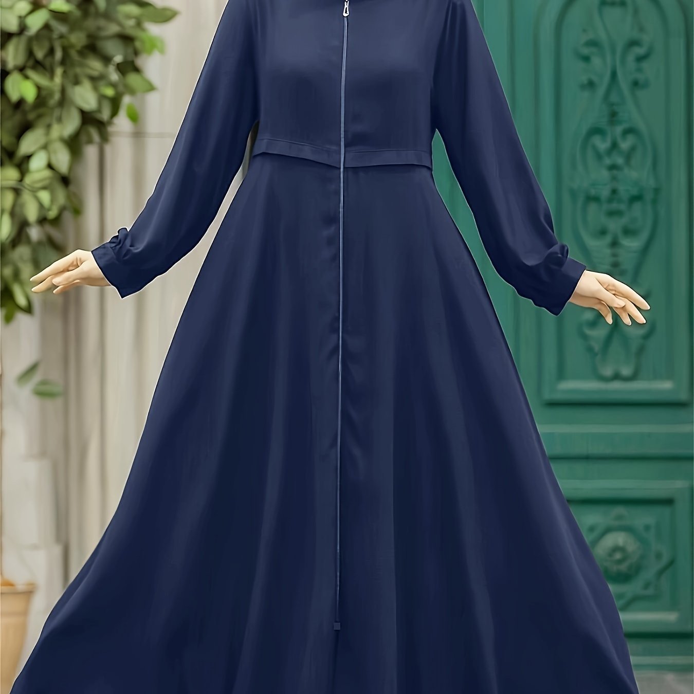 Elegant Zippered Long Robe 8033-1 for Women, 100% Polyester Solid Color, All-Season Long-Length Dress with Zipper Detail, Woven Fabric, 130g/m² Weight