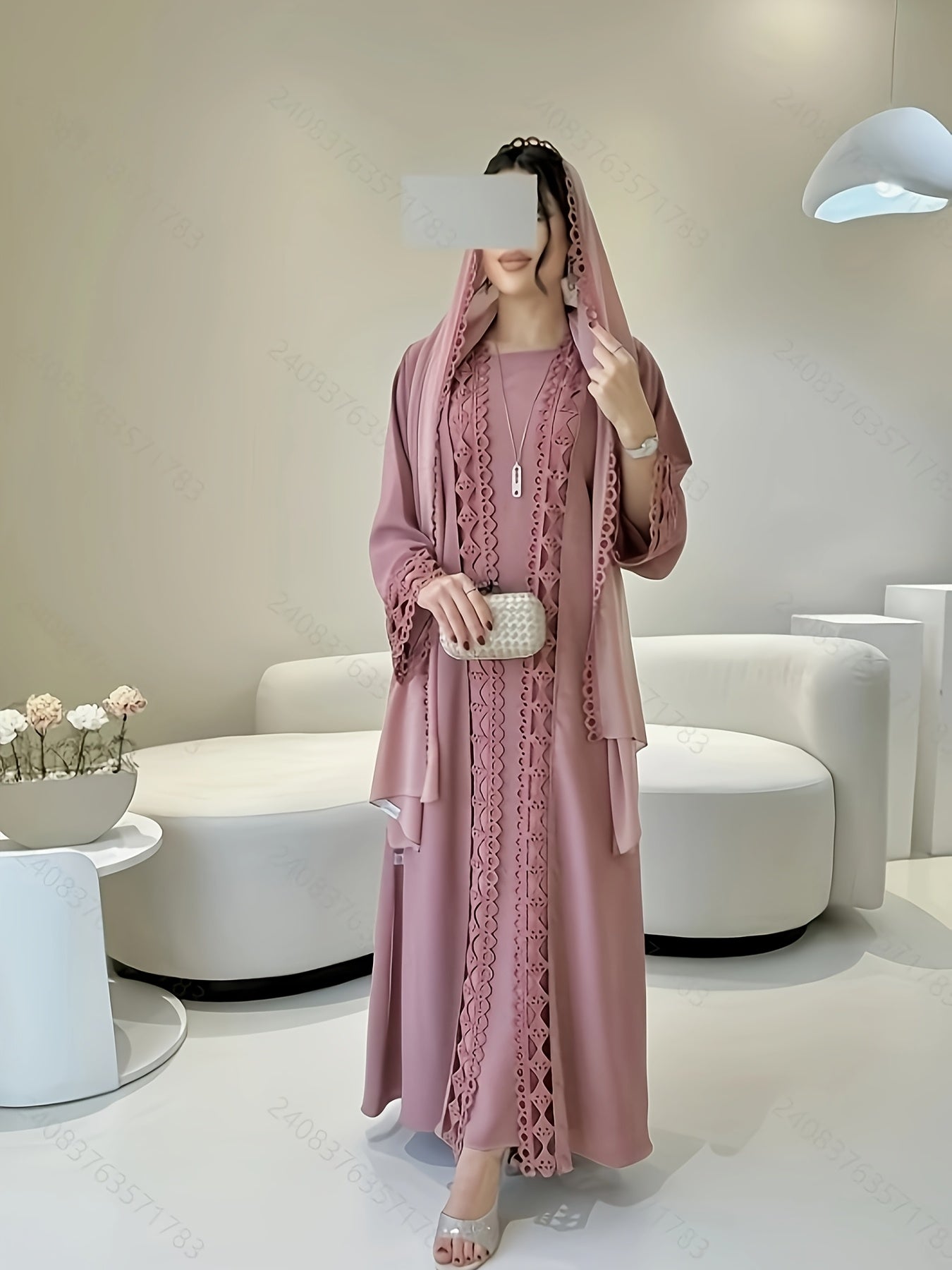 Middle Eastern Muslim Fashion Long Sleeve Embroidered Contrast Lace Patchwork Abaya Dress and Hijab Three-Piece Set
