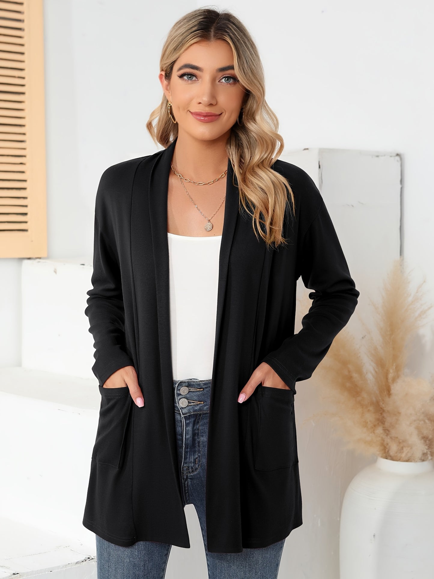 Spring & Autumn Women's Casual Solid Color Cardigan – Open Placket with Double Pocket Design
