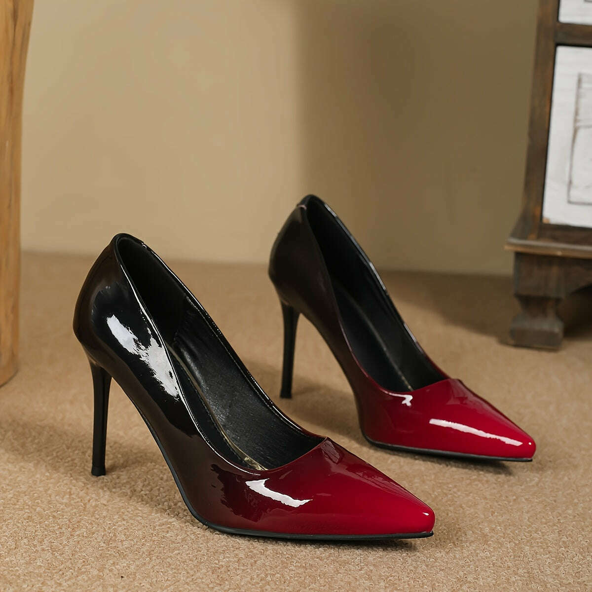 Women's Gradient Pointed-Toe High Heels - Elegant Black to Red Transition, Glossy Finish Stiletto Pumps with Faux Cover Upper and TPU Sole, Stiletto Heels