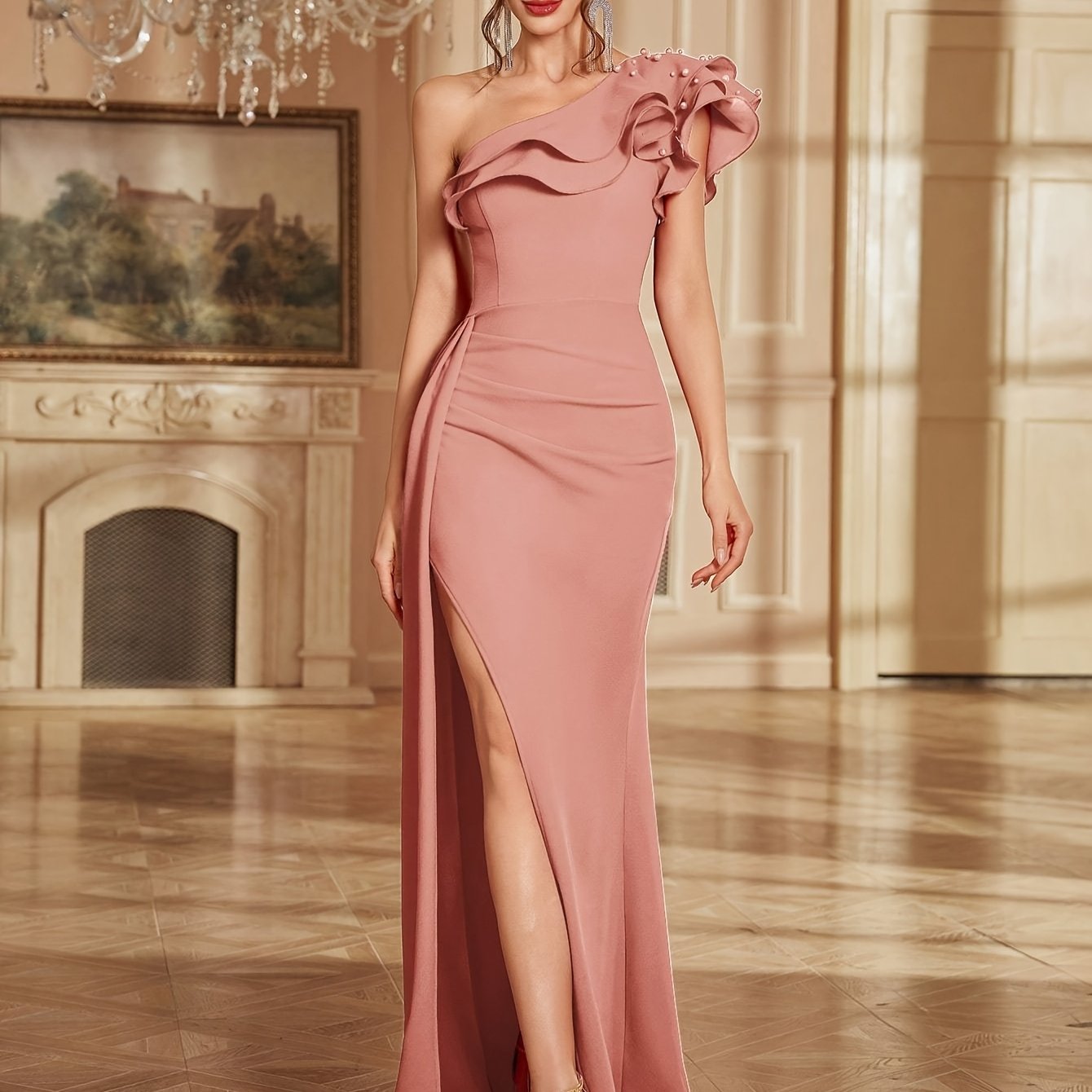 Women's Formal Evening gown - Elegant Wedding Party Dress, Bodycon Mermaid skirt, Pastel pink color, Machine Washable for Bridal, Birthday, Gala Events - Formal Events Dress, Wedding Dress, Bridal Attire, Offshoulder Neckline