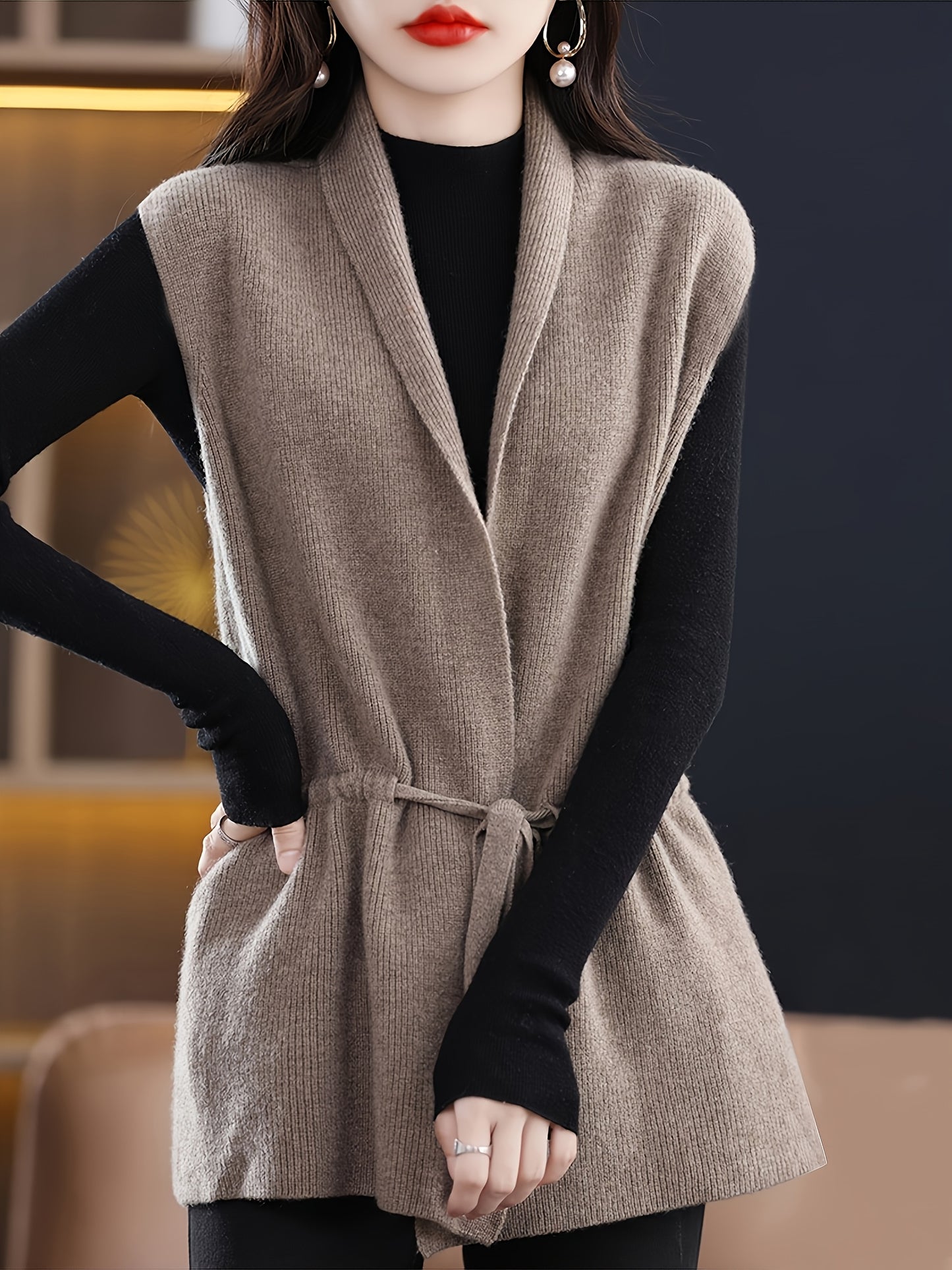 Women's Casual V-Neck Cardigan – Longline Open Front Vest with Adjustable Drawstring
