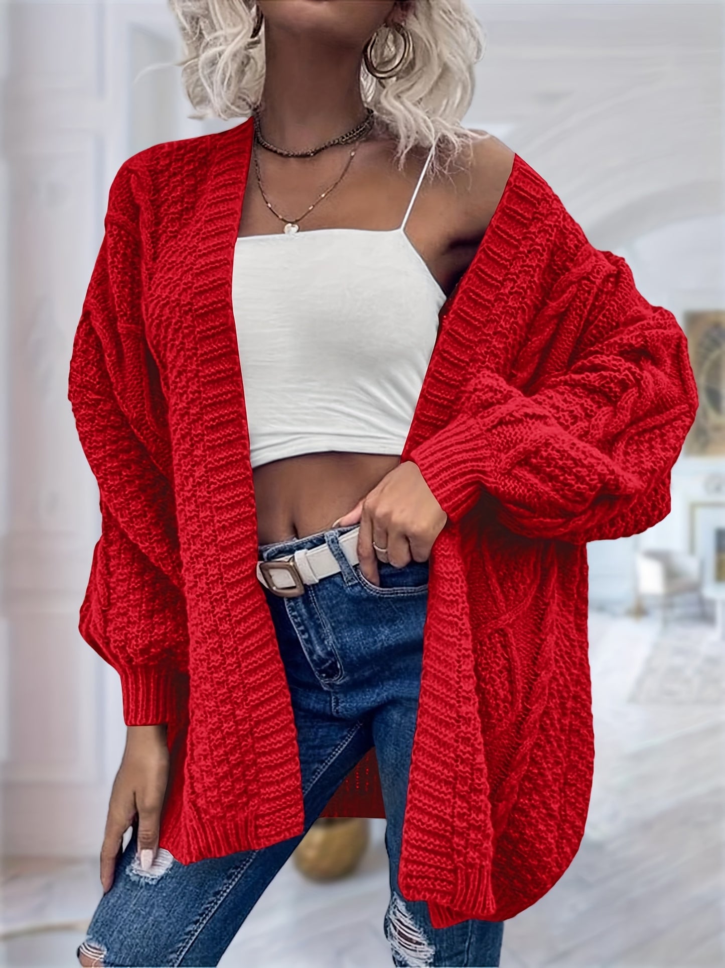 Women's Oversized Chunky Cable Cardigan Sweater Coat - Soft Pink Open Front Long Sleeve Winter Coat with Button-Free Closure, Cozy Fall & Winter Sweater for Casual Semi-Formal Outfits