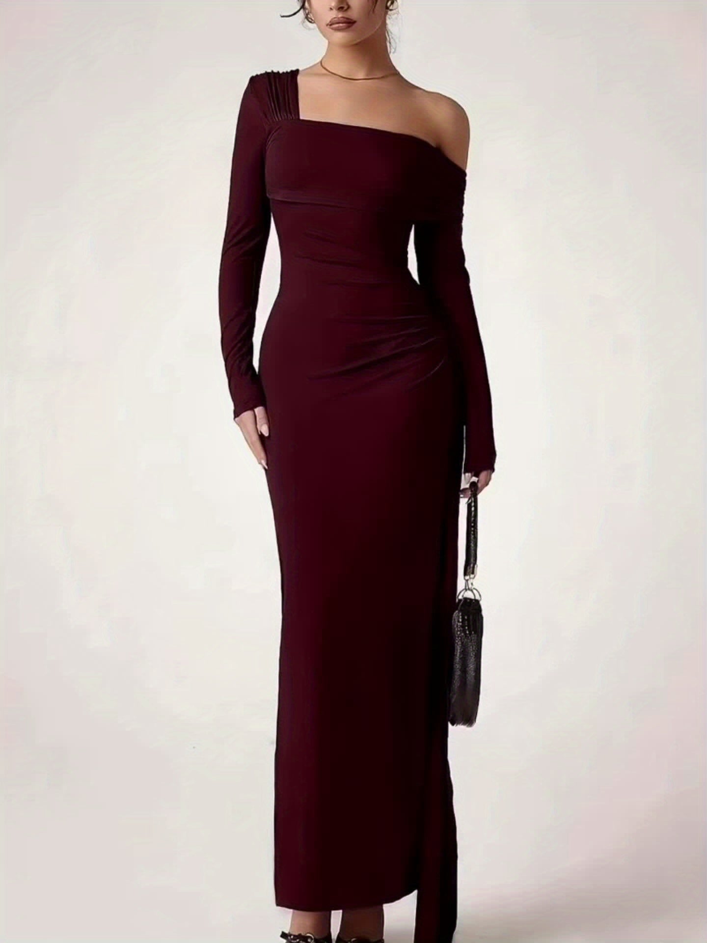 Elegant Off-Shoulder Maroon Maxi Dress for Women - Long Sleeve, Ruched Design, Perfect for Formal Events, Adult Fashion, Formal Evening Wear|Ruched Texture|Polyester Fabric