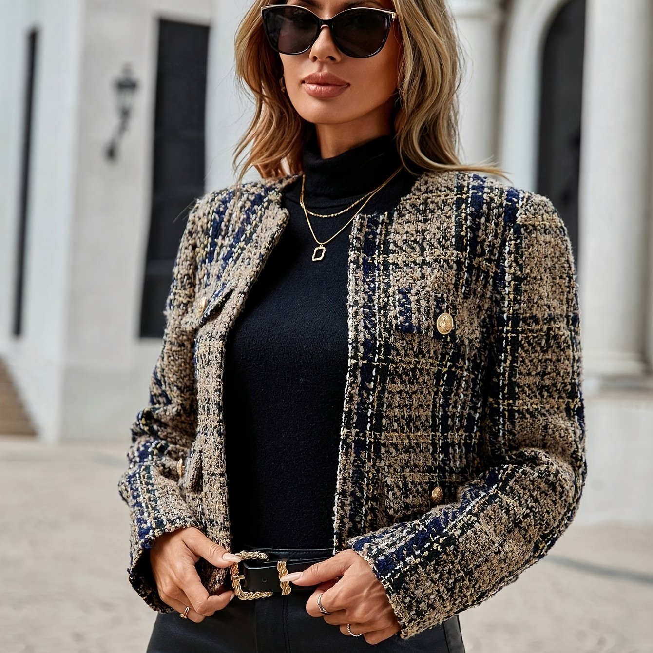 D6348 Plaid Flap Pocket Short Jacket