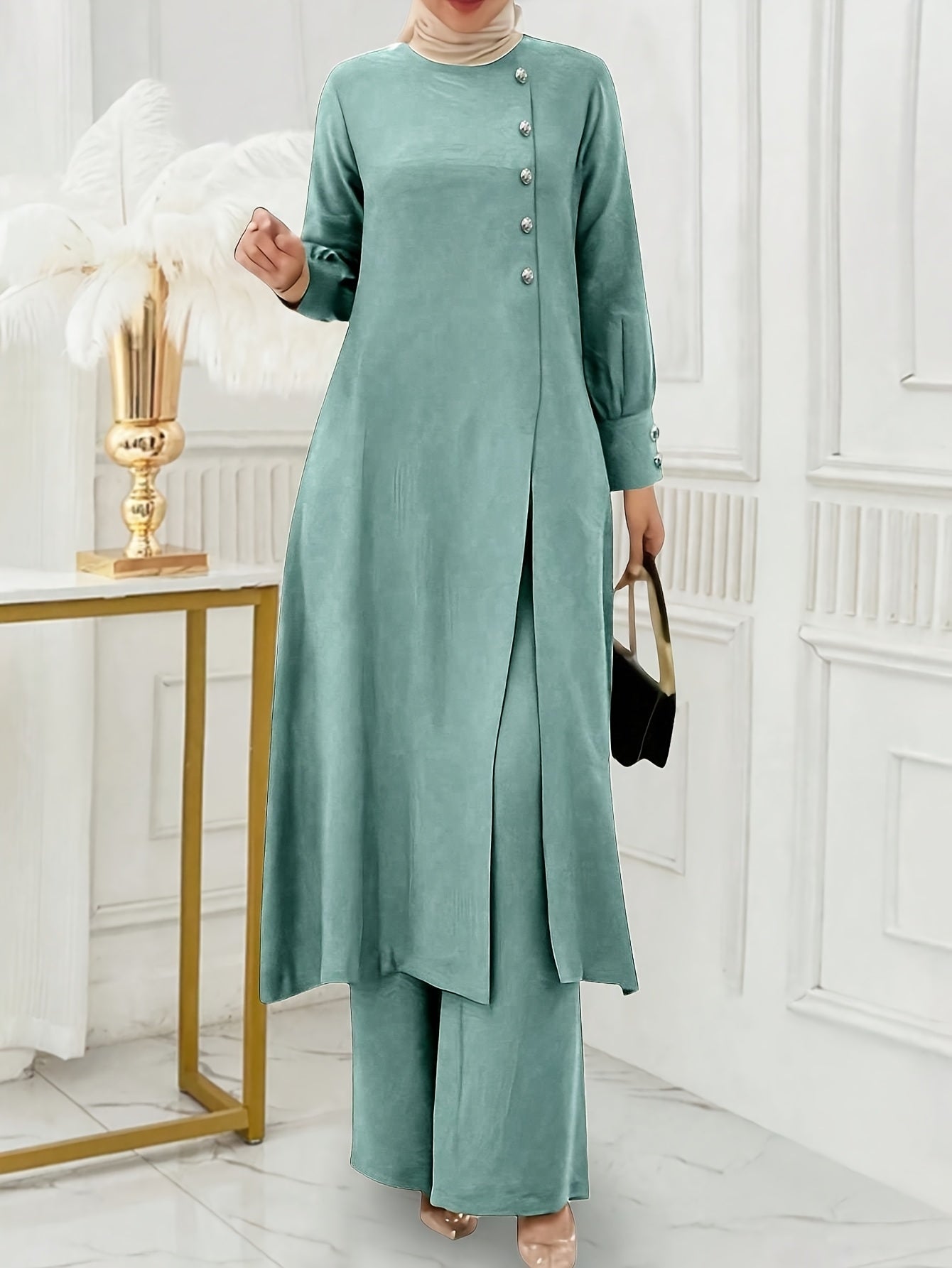 Ramadan, Women'S Front-Button Long Sleeve Slit Dress & Pants Casual Arabic Style 2pcs Set, Only Clothes, Without Headscarf