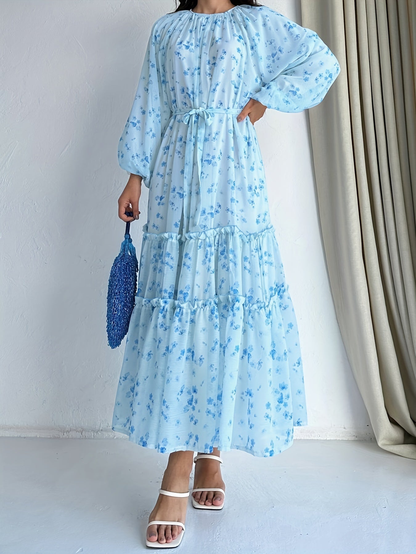 Stunning Floral Print Crew Neck A-Line Dress - Elegant Long Sleeve, Tiered Hem, Comfortable Fit, Versatile Occasion Wear - Womens Clothing for Everyday Elegance