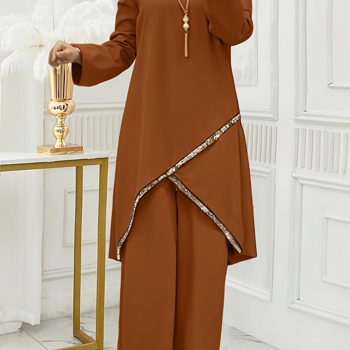 Women'S Traditional Arabian Attire - Elegant Long Sleeve Abaya with Cross-Front Detail & Matching Pants, Solid Color All-Season Polyester Modest Cover-Up, Middle Eastern Cultural Fashion for Casual & Formal Occasions, Muslim