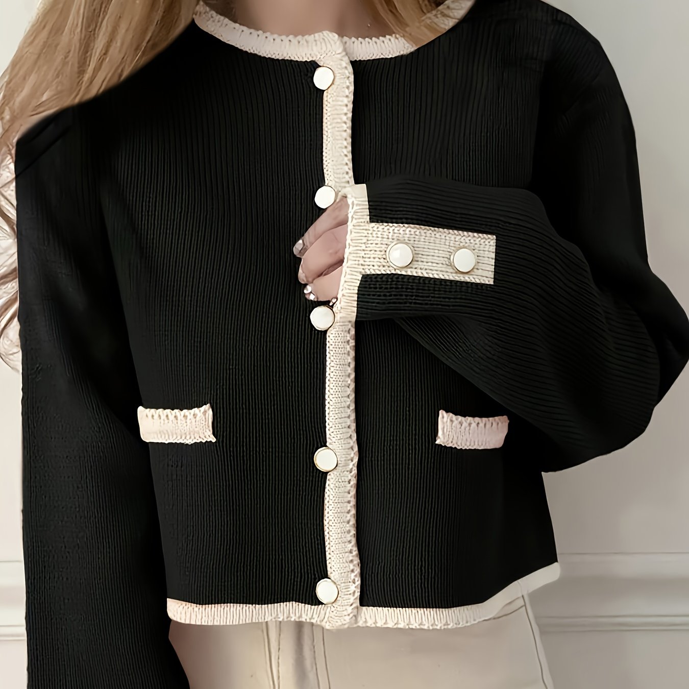 Women'S Elegant Cardigan - Black & Beige Two-Tone Sweater, Long Sleeve Open Front Button Closure, Fall/Winter Layering Piece for Casual Formal Outfits - Women'S Chic Sweater, Cardigan Sweater, Winter Fashion, Stylish Knitwear