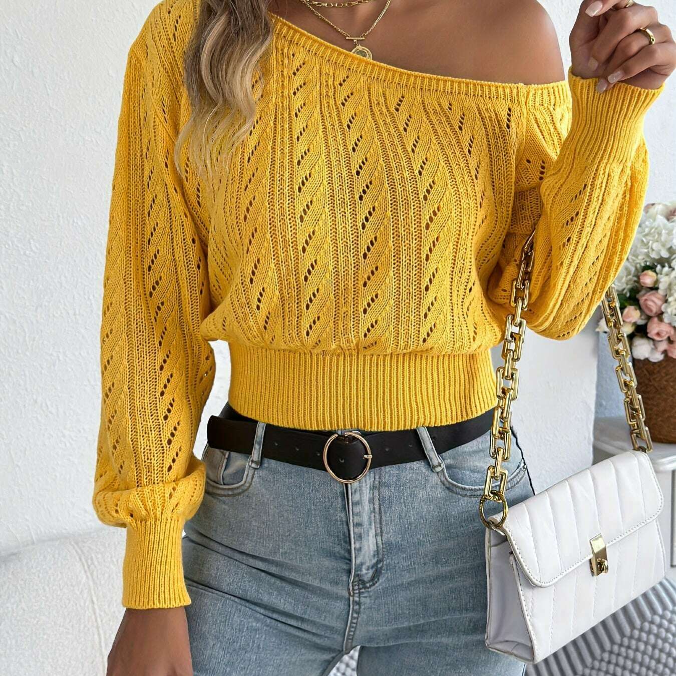 Elegant Slant Shoulder Cut-Out Knit Sweater for Women