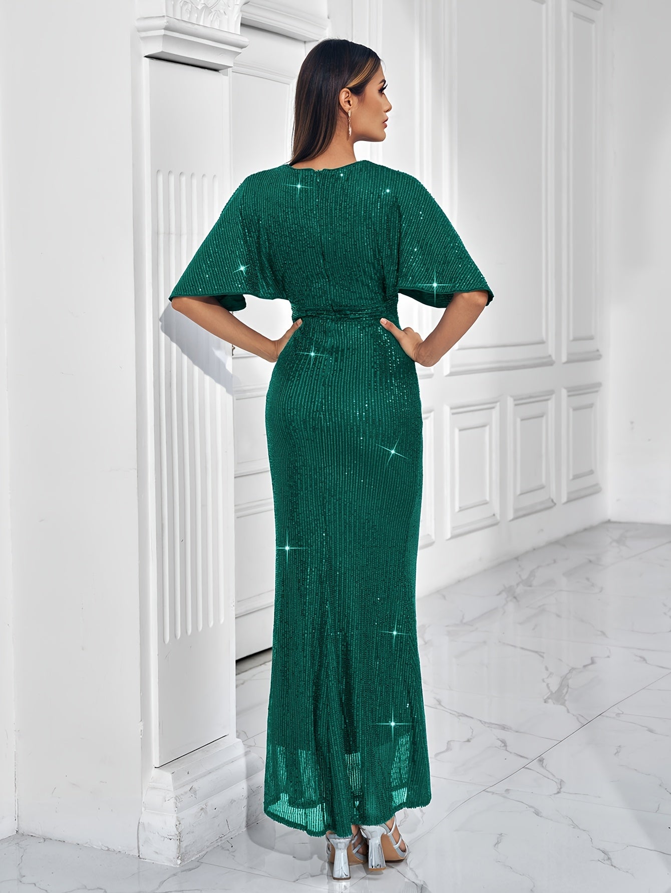 Sparkling V-neck Waist Cinched Dress