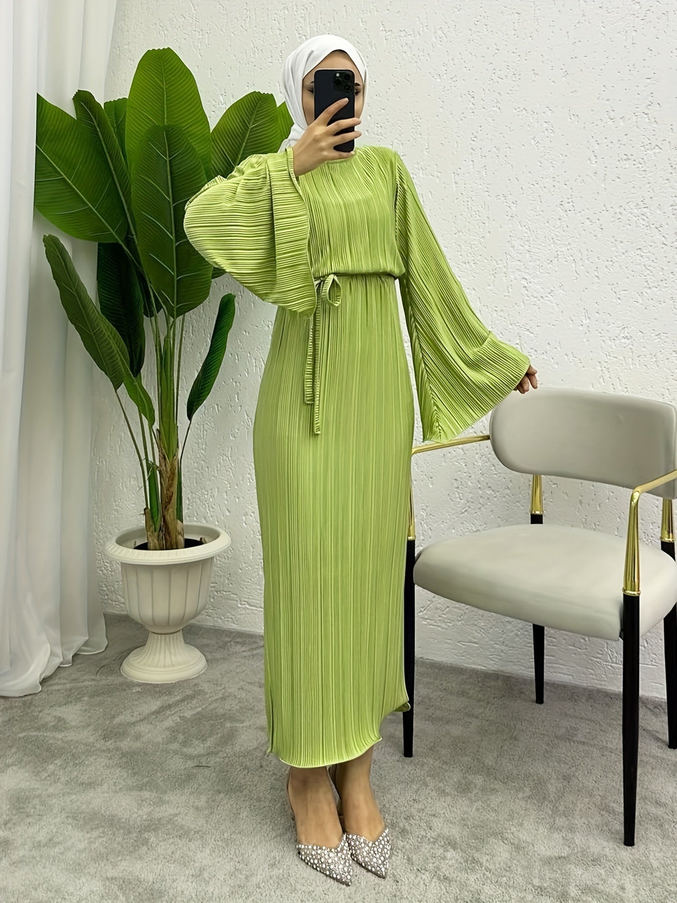 Solid Textured Belted Modest Dress, Elegant Flare Sleeve Simple Maxi Dress For Spring & Fall, Women's Clothing