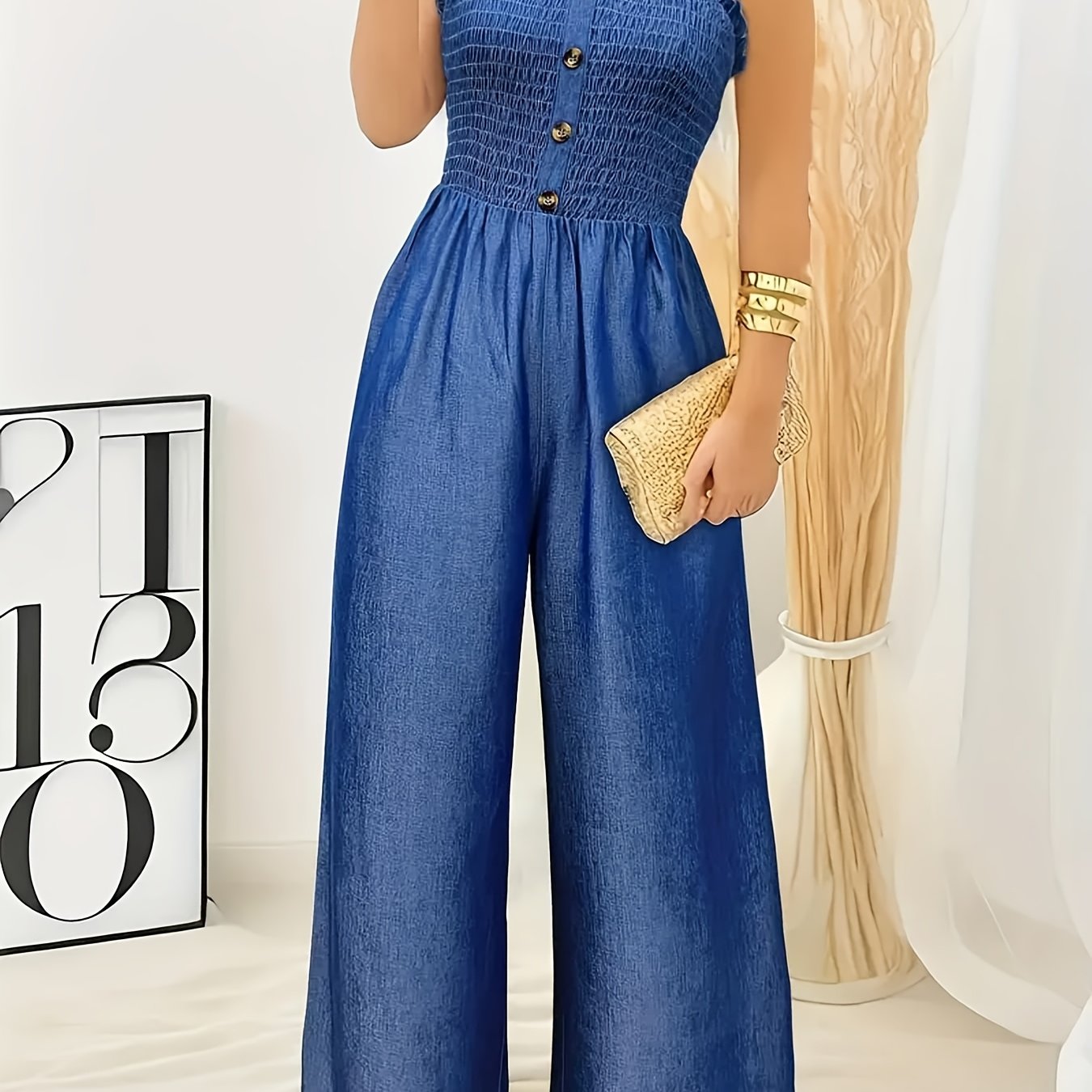 Women's One-piece Overalls Romper Smocked Front Wide Pants Jumpsuit
