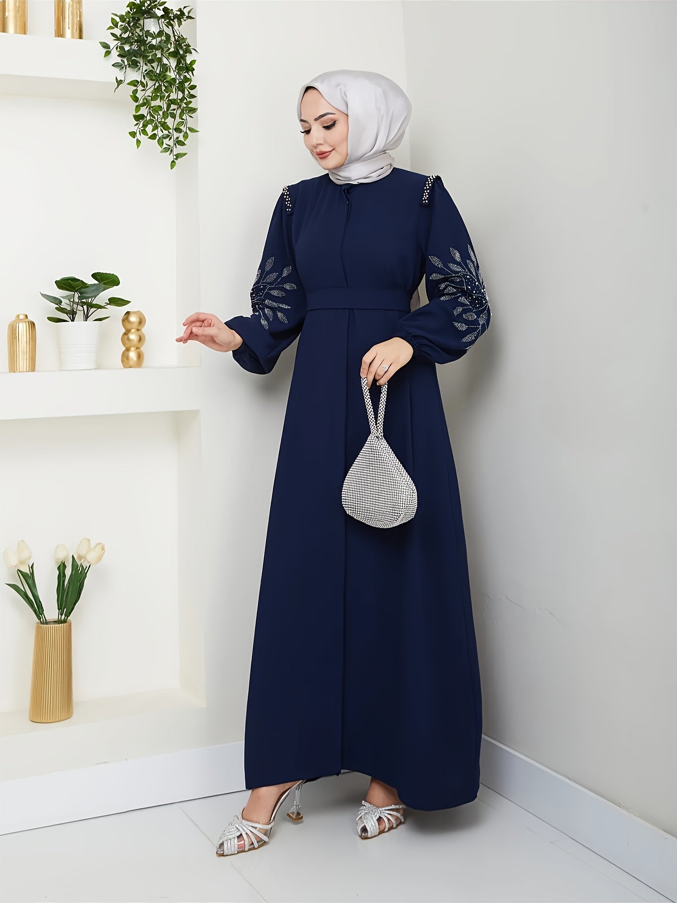 Elegant Black Abaya with Rhinestone Embellishments - Long Sleeve, Belted, All-Season Traditional Muslim Dress for Women, Islamic Fashion, Sophisticated Craftsmanship