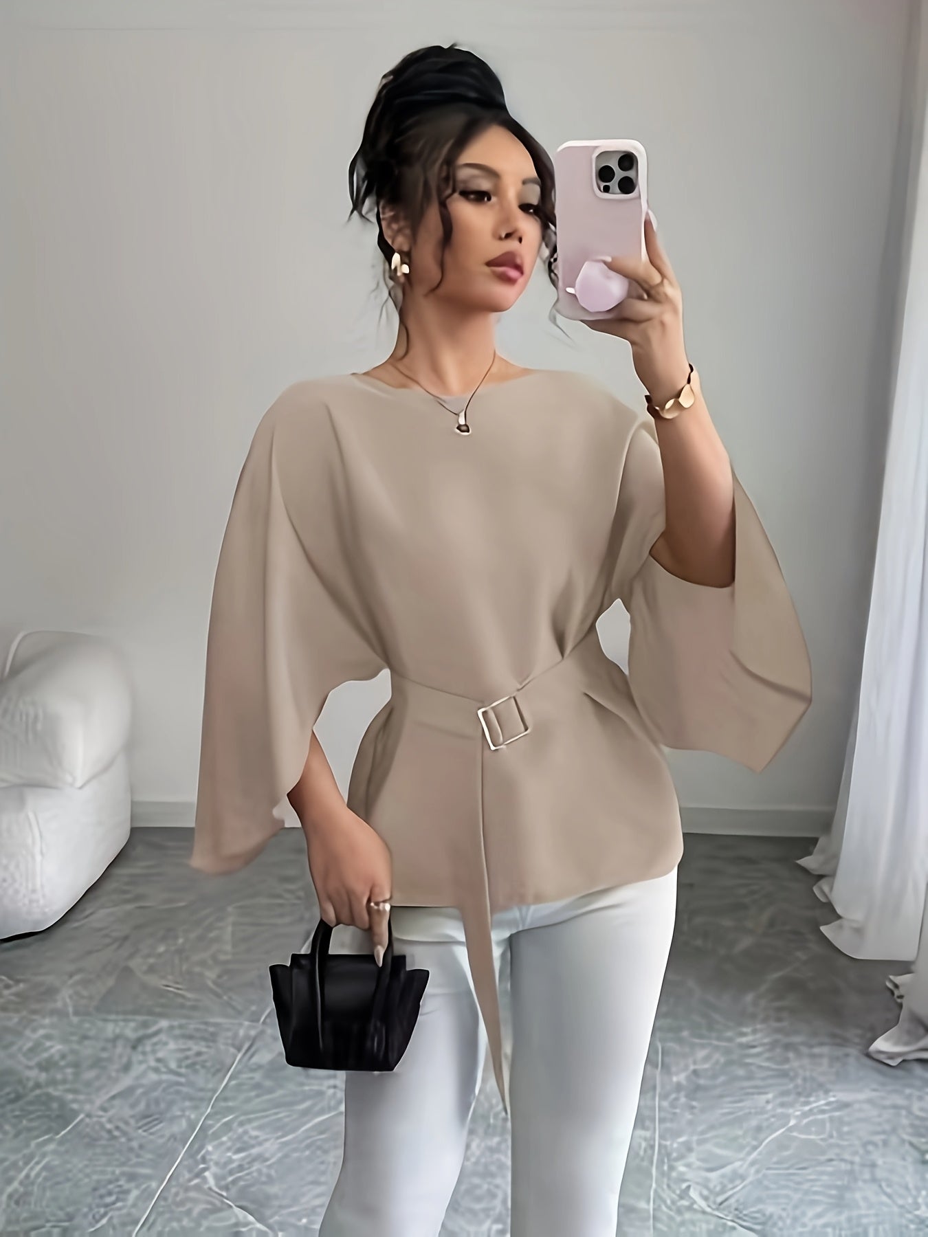 Red Women's French Blouse - Elegant Batwing Sleeves, Belted Waist, Non-See-Through Fabric for Formal & Everyday Outfits - Spring/Autumn Blouse, Lightweight Material, Smooth Texture Top, Round Neck Design, Casual Chic Top, Pro
