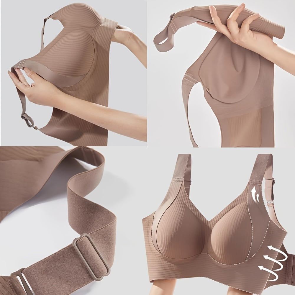 4pcs Women'S Seamless Bra - Elegant Solid Color, Wide Straps And Built-In Bra, Comfortable And Breathable Wireless Support, Non-Padded Ribbed Texture - Available in White, Beige, Black, Brown, Medium Support Bra|Seamless Unde
