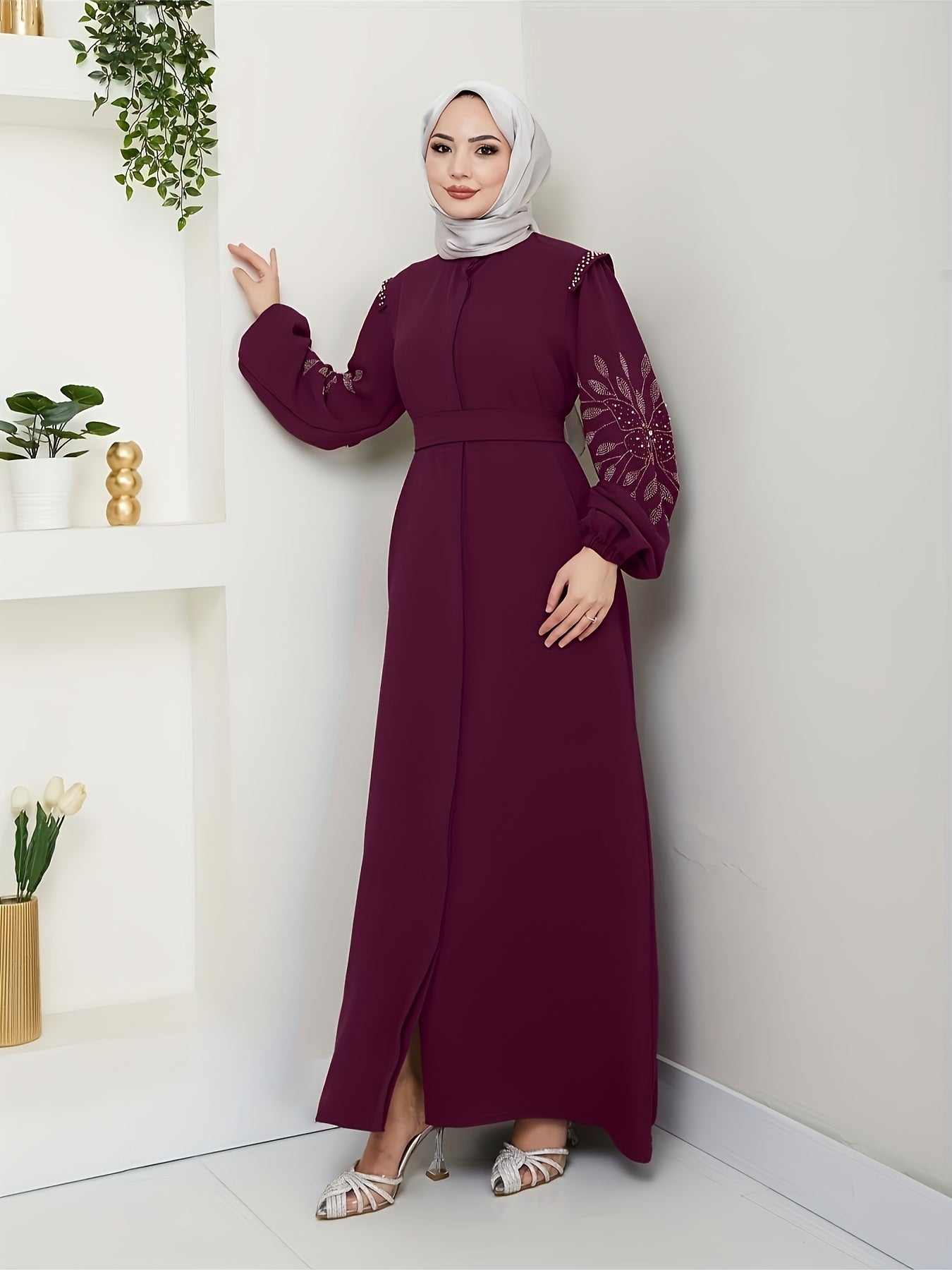 Elegant Black Abaya with Rhinestone Embellishments - Long Sleeve, Belted, All-Season Traditional Muslim Dress for Women, Islamic Fashion, Sophisticated Craftsmanship