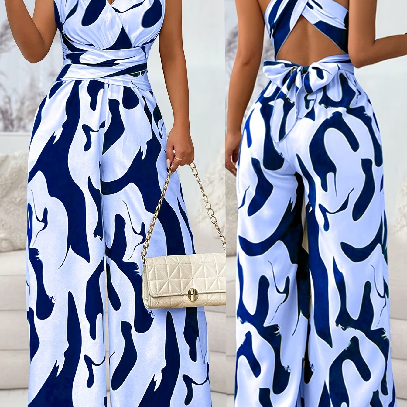 1pc Women'S Fashionable Random Print Backless Jumpsuit