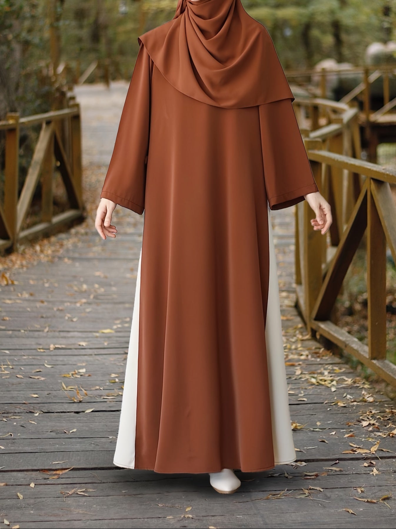 1pc Muslim Abaya Dress Long Sleeve Loose Fit A-Line with Black & White Color-Blocking & Orange Accents - Middle Eastern Elegance Adjustable Side Drawstring for Prayer, Casual, All-Season Wear (No Headscarf Included), Muslim D