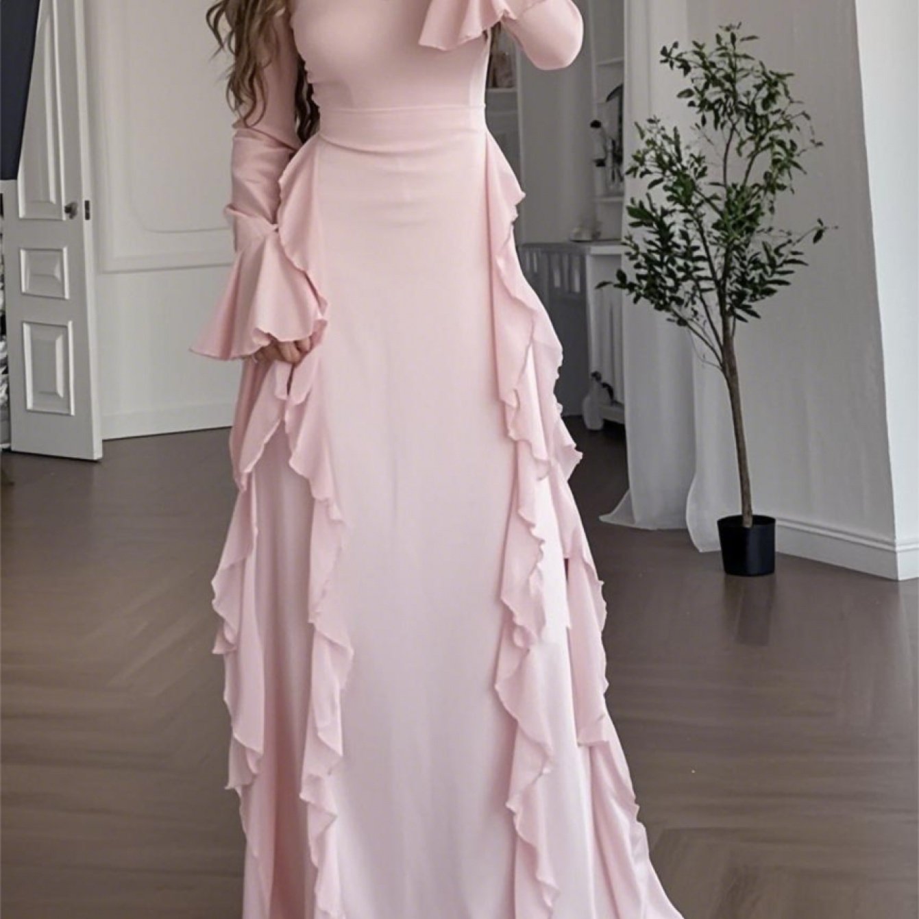 Elegant White Mock Neck Maxi Dress with Bell Sleeves & Ruffle Hem - Fitted Top & Flowy Skirt, Machine Washable Polyester, Non-Stretch, Versatile for Fall Events & All-Season Wear, Formal Event Attire, Nonstretch Material