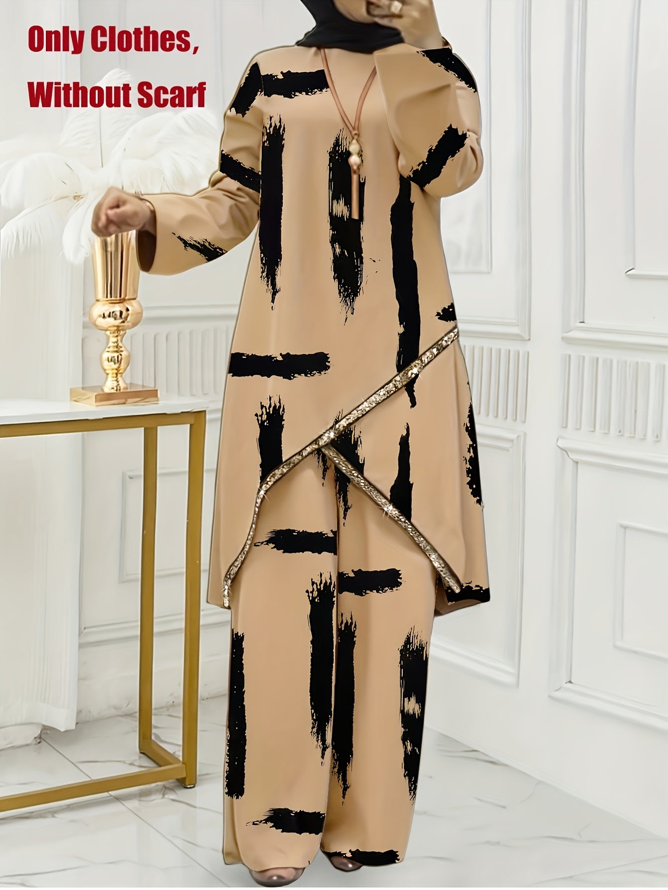 Women'S Traditional Arabian Attire - Elegant Long Sleeve Abaya with Cross-Front Detail & Matching Pants, Solid Color All-Season Polyester Modest Cover-Up, Middle Eastern Cultural Fashion for Casual & Formal Occasions, Muslim