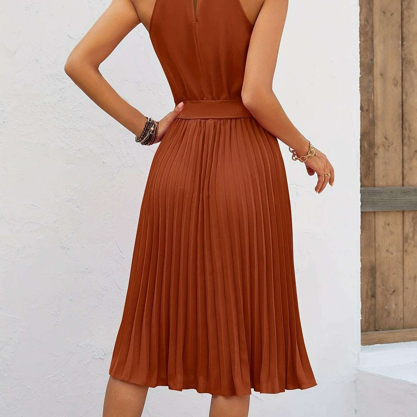 Women's Sleeveless Halter Pleated A-Line Summer Dress - D&M Boutique