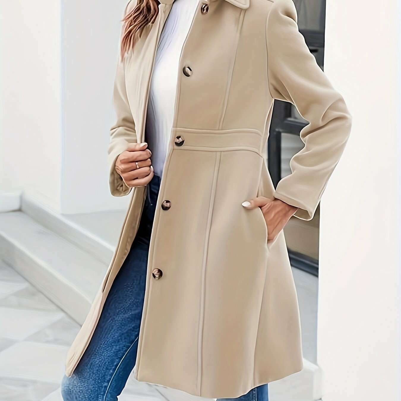 Long Sleeve Women's Single-Breasted Pea Coat for Work