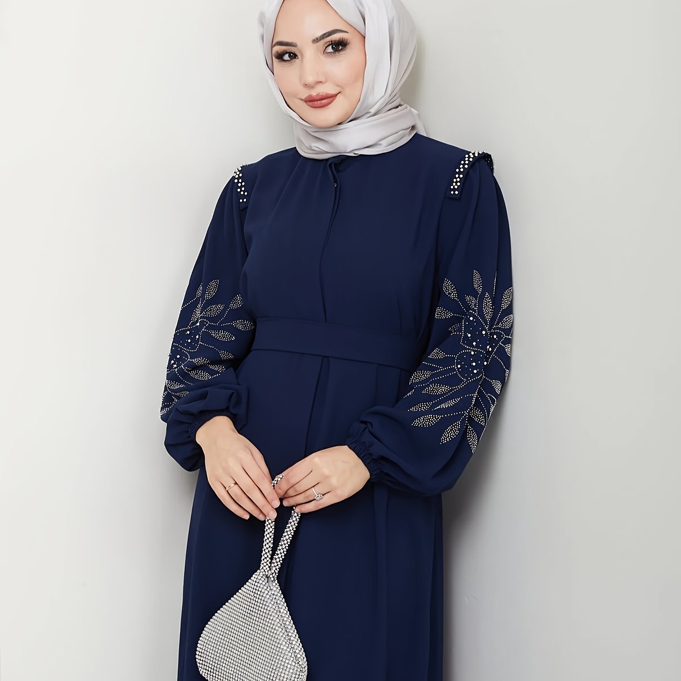 Elegant Black Abaya with Rhinestone Embellishments - Long Sleeve, Belted, All-Season Traditional Muslim Dress for Women, Islamic Fashion, Sophisticated Craftsmanship