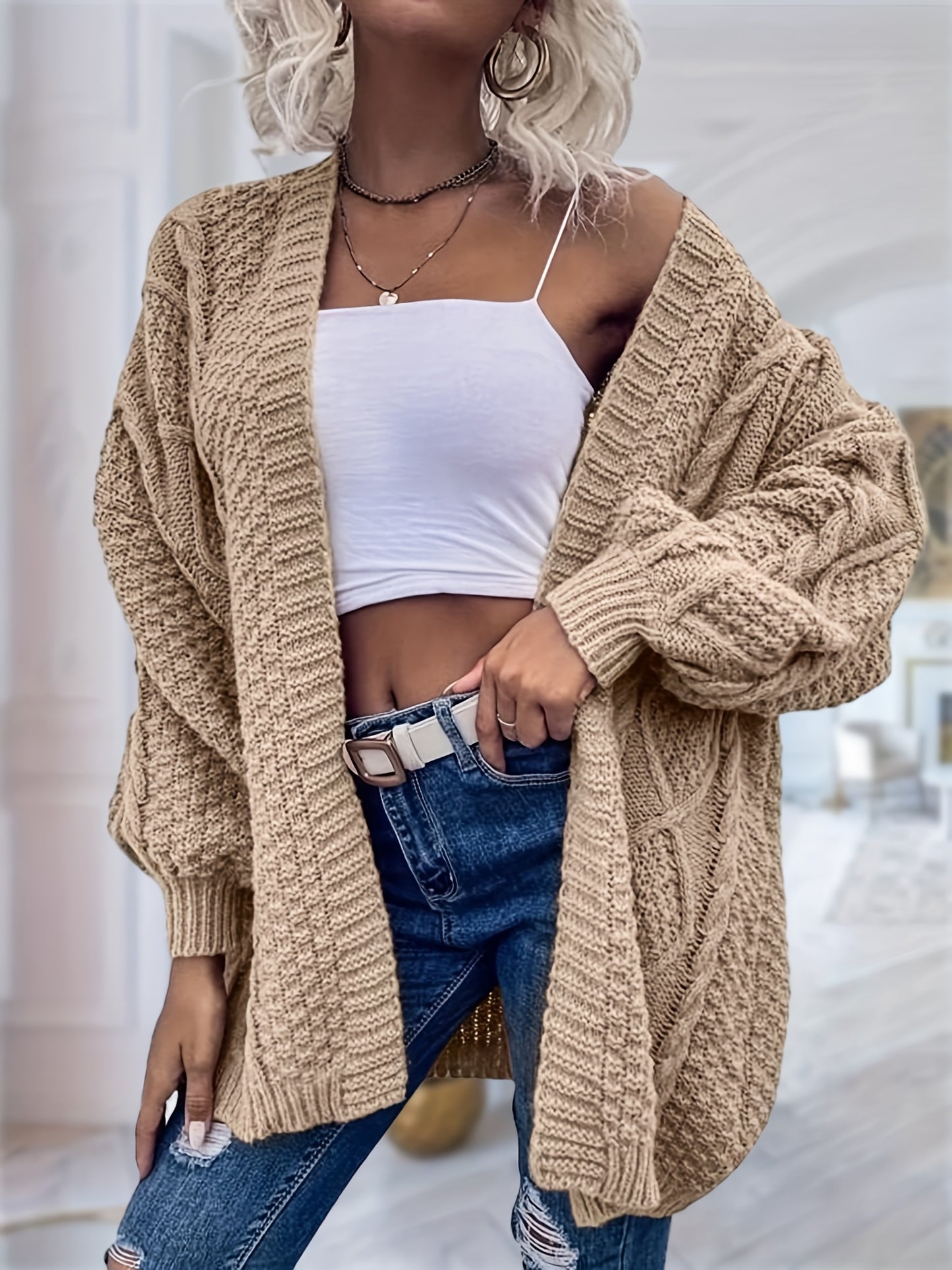Women's Oversized Chunky Cable Cardigan Sweater Coat - Soft Pink Open Front Long Sleeve Winter Coat with Button-Free Closure, Cozy Fall & Winter Sweater for Casual Semi-Formal Outfits
