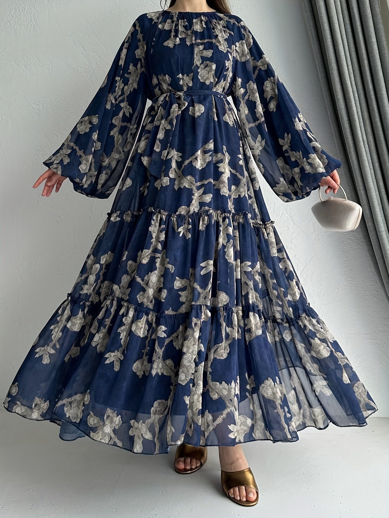 Women'S Elegant Black Floral Print Maxi Dress with Belt - Perfect for All Seasons, All-Season Dress | Floral Print Dress | Ruffled Hemline, Dress