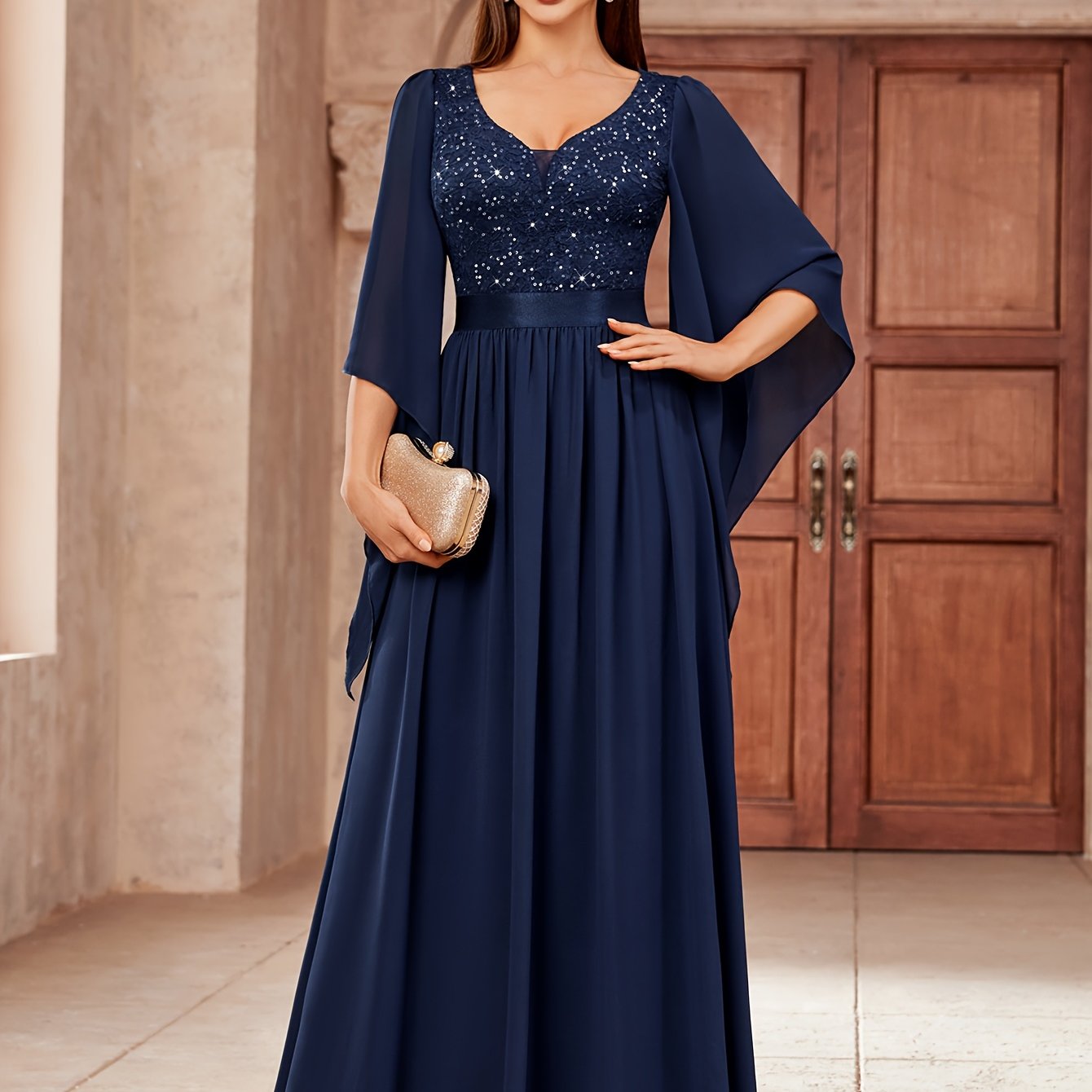 Deep V-Neck Lace Gown – Fit & Flare Sequin Dress
