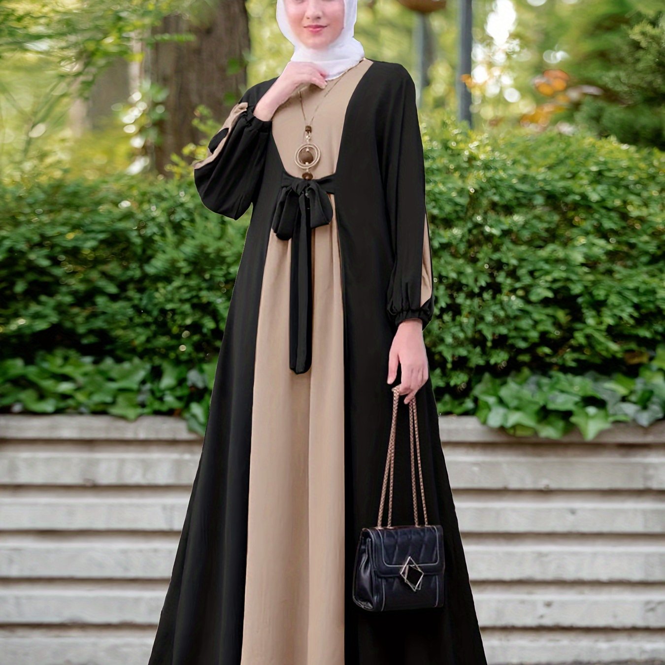 Color Block Long Sleeve Maxi Dress With Tie Front, Elegant Muslim Crew Neck Modest Loose Dress, Women's Clothing