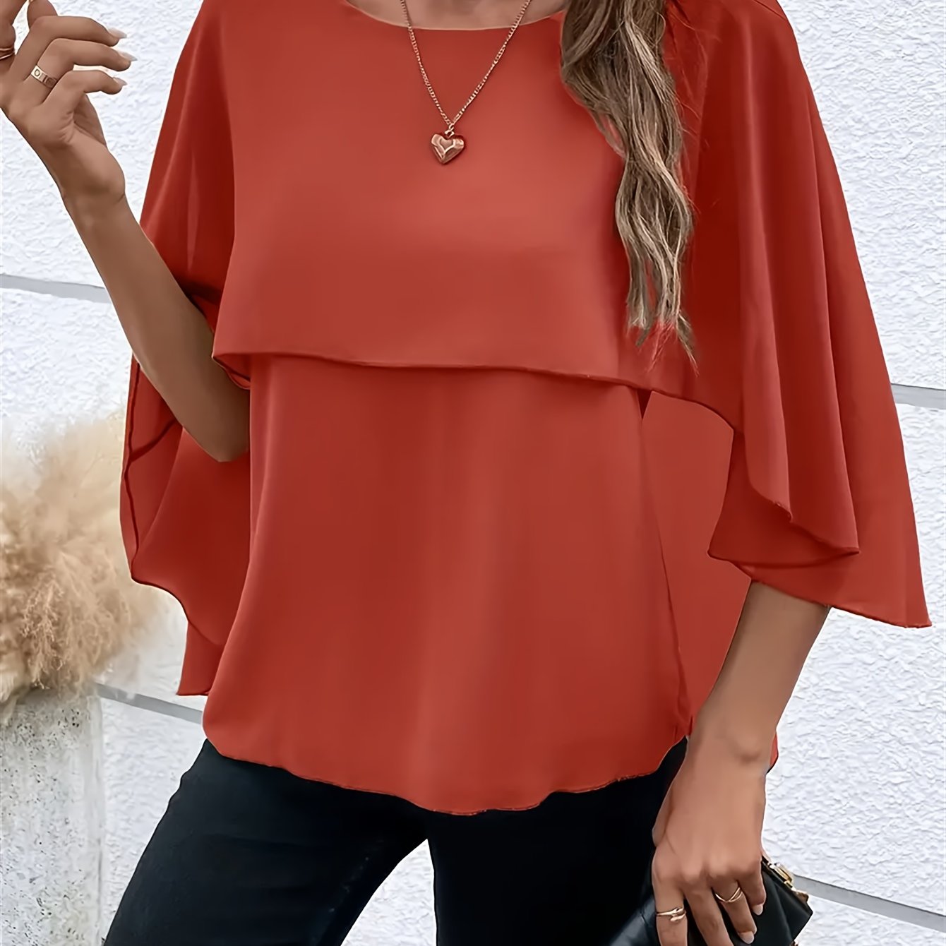Solid Color Layered Cape Sleeve Shirt, Versatile Round Neck Shirt For Spring And Autumn, Women'S Clothing