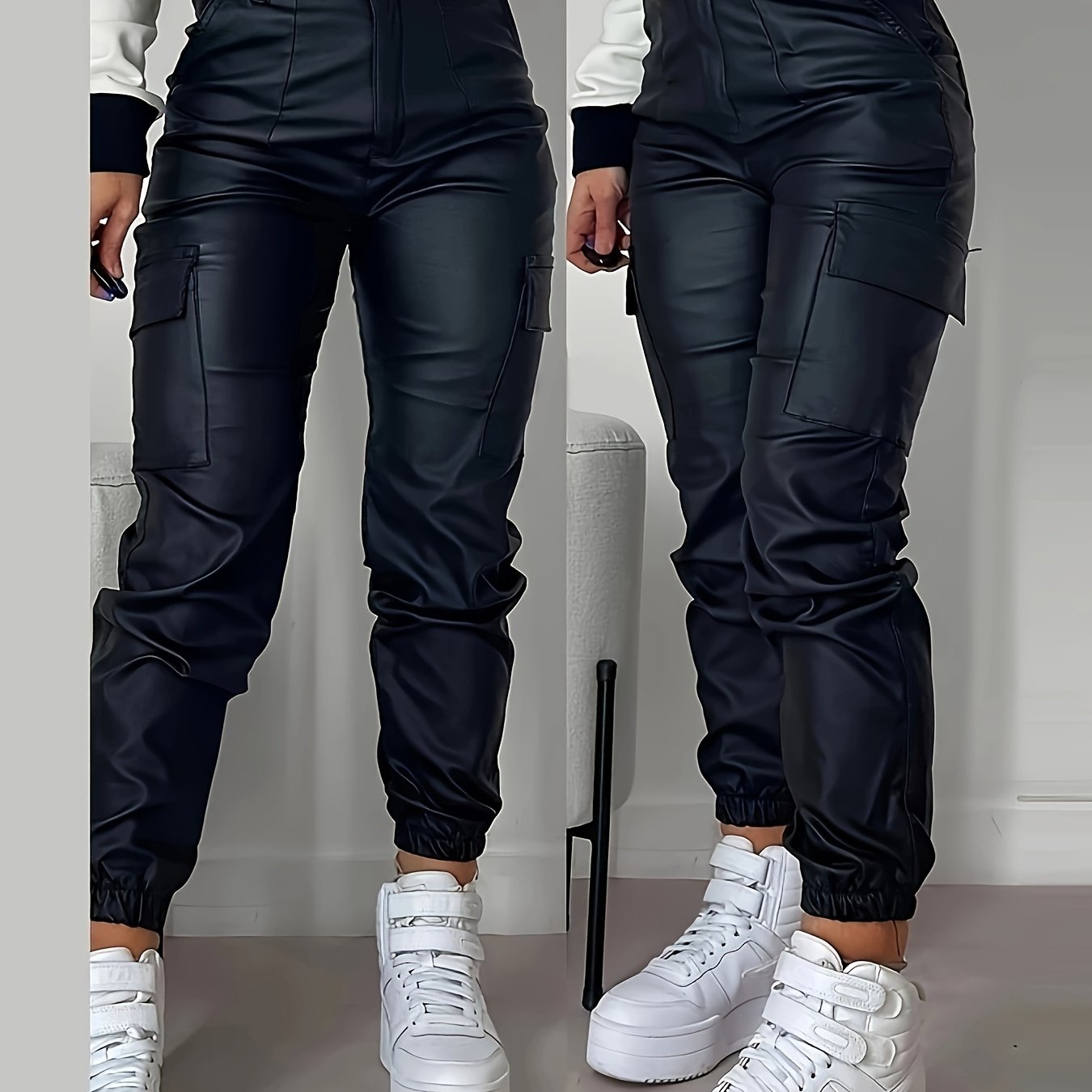 Women's Stretchy Black Cargo Denim Jeans - High-Rise, Multi-Pocket Design, Street Style, Glossy Finish, Comfort Fit for All Seasons, Versatile Denim | Highrise Cargo Jeans | Polyamide Fabric