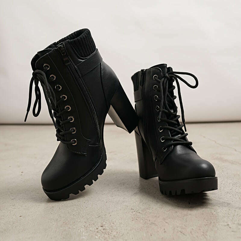 Women's Lace Up Combat Ankle Boots, High Chunky Heel Fashion Heeled Booties Shoes