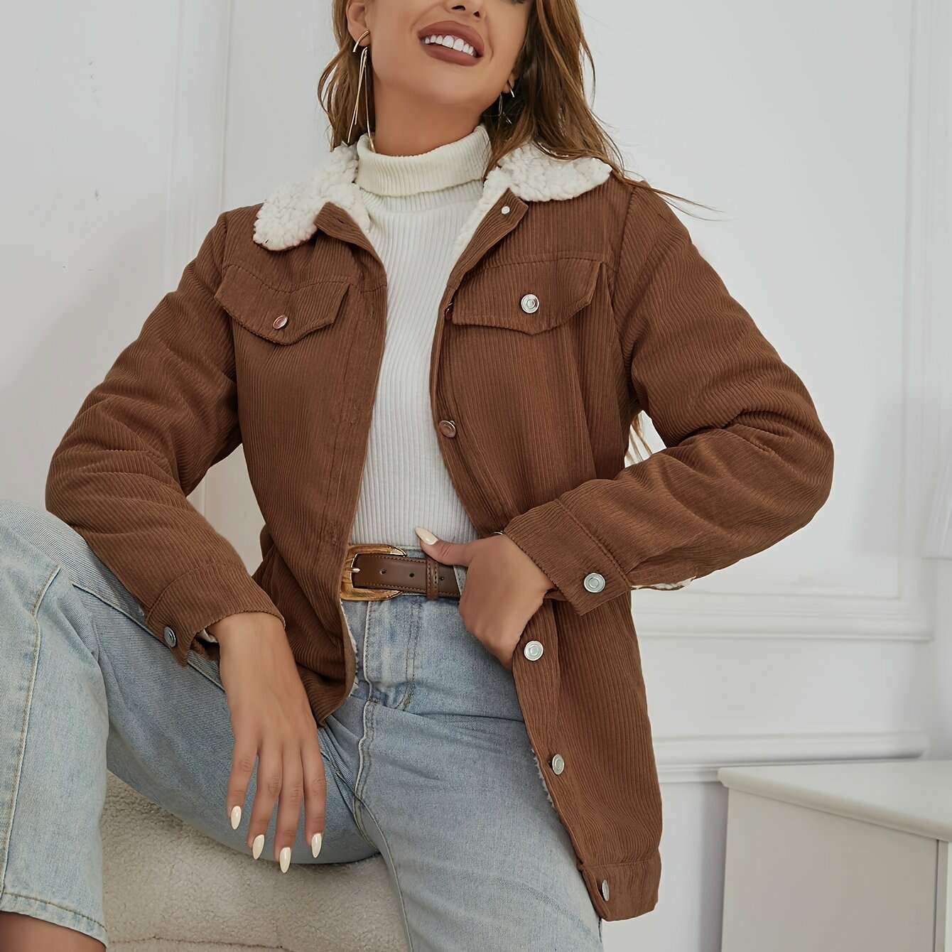 Women's Corduroy Sherpa Lined Button-Up Trucker Jacket