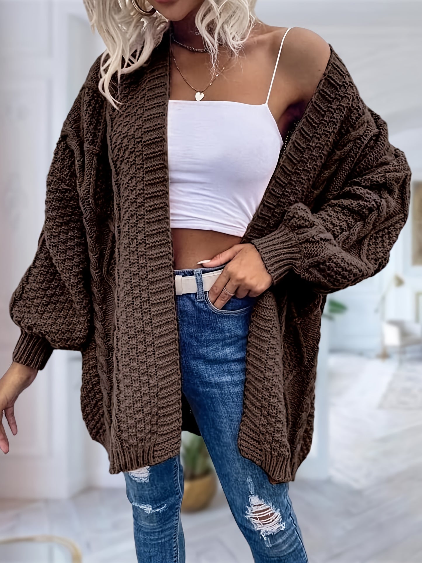 Women's Oversized Chunky Cable Cardigan Sweater Coat - Soft Pink Open Front Long Sleeve Winter Coat with Button-Free Closure, Cozy Fall & Winter Sweater for Casual Semi-Formal Outfits