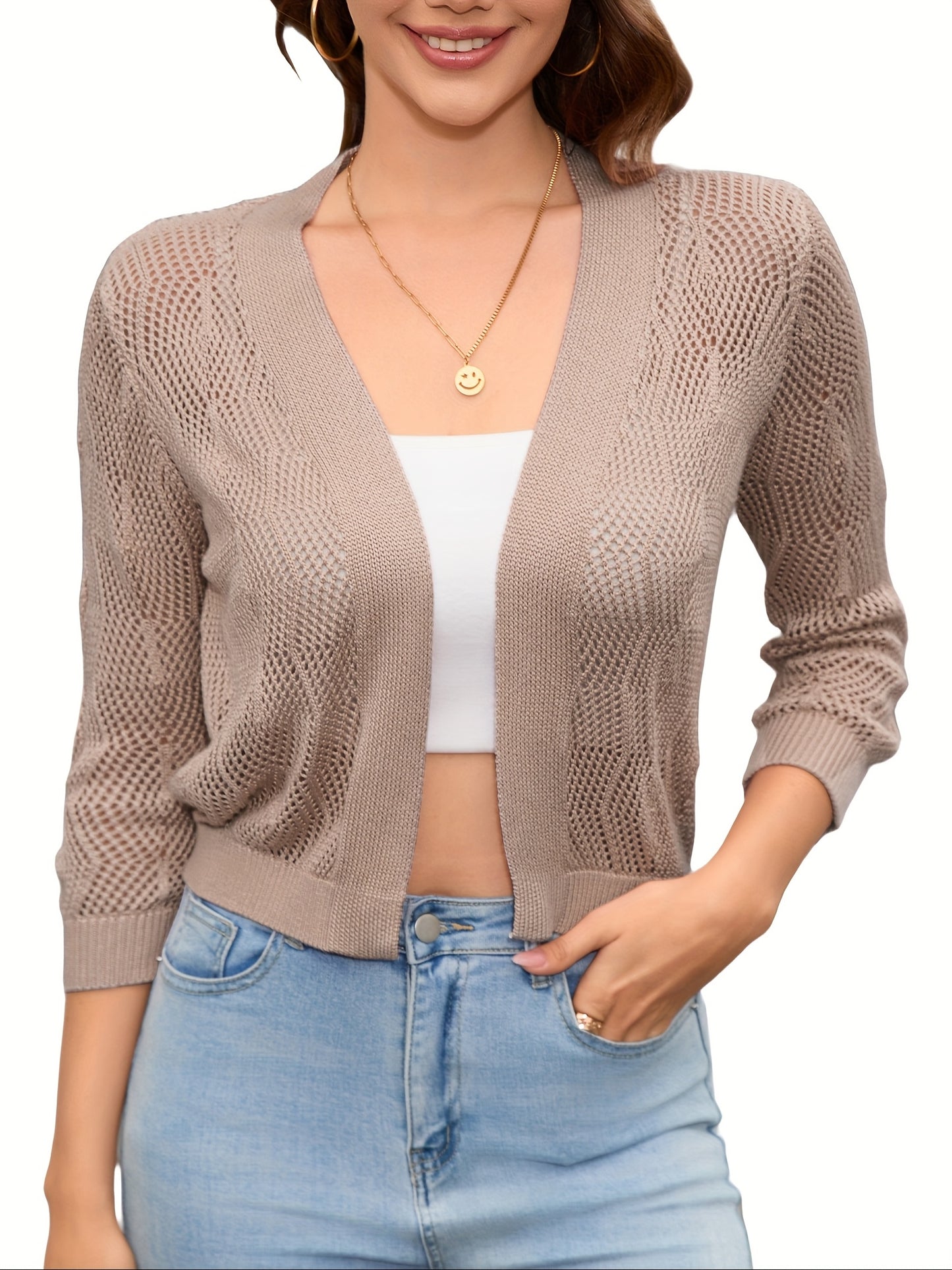 2025 Women'S 3/4 Sleeve Crochet Knit Open Front Cardigan Cropped Shrug Bolero Lightweight Sweaters Tops