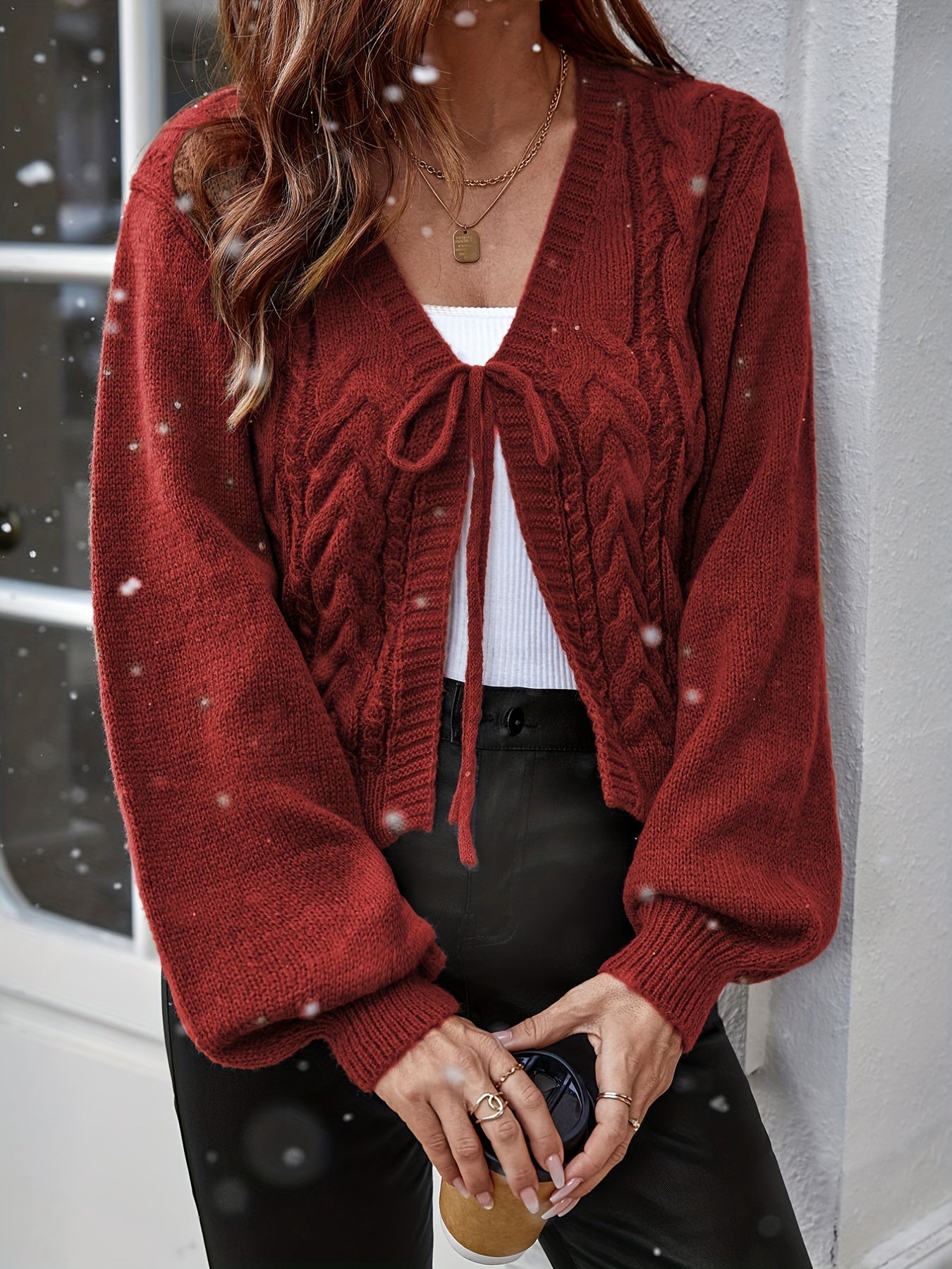 Long Sleeve Solid Color Polyester Cardigan - Elegant Casual Knit Sweater with V-Neck, Tassel Detail, and Drawstring for All Seasons