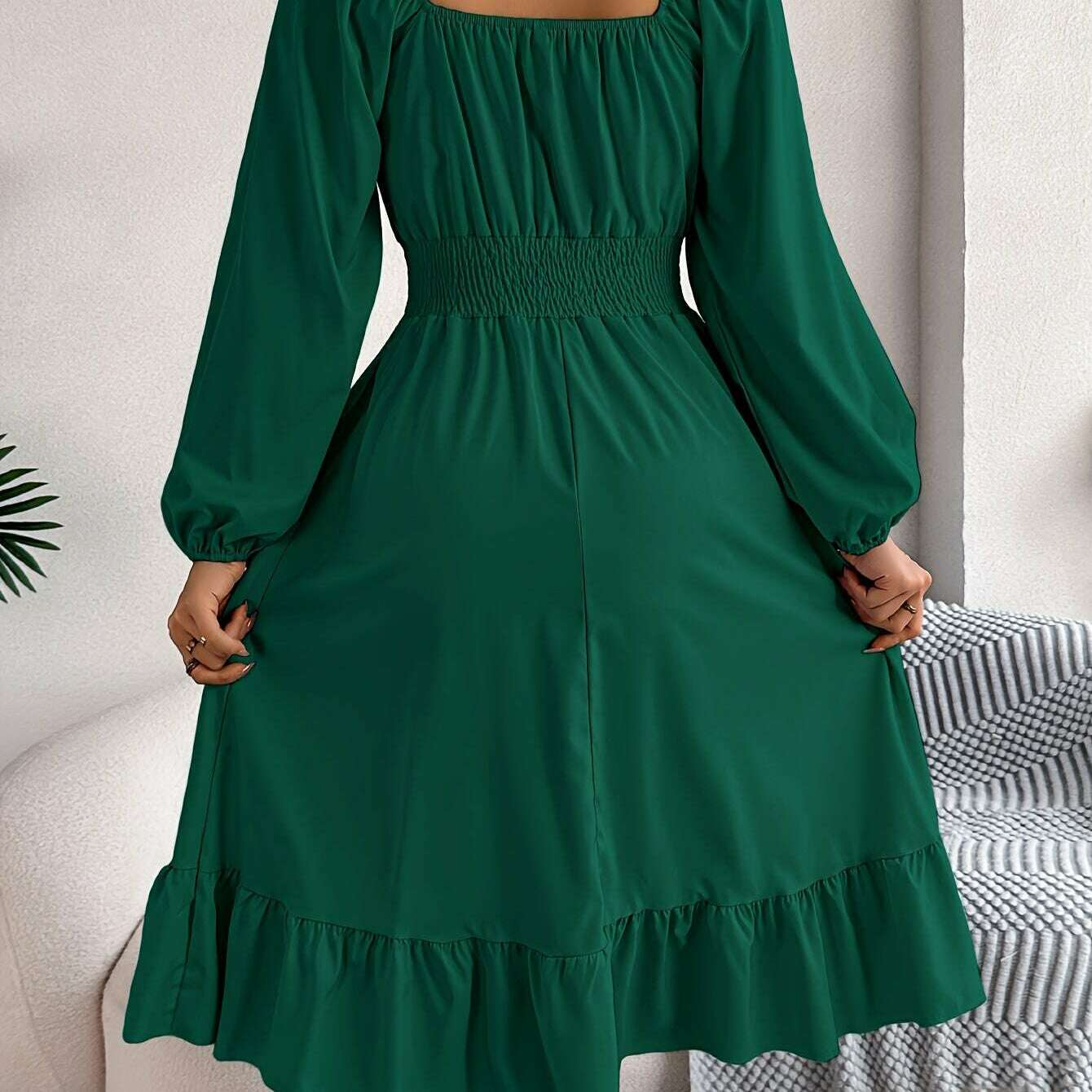 Ruffle Hem Lantern Sleeve A-line Dress, Elegant Solid Color Square Neck Backless Shirred Dress, Women's Clothing
