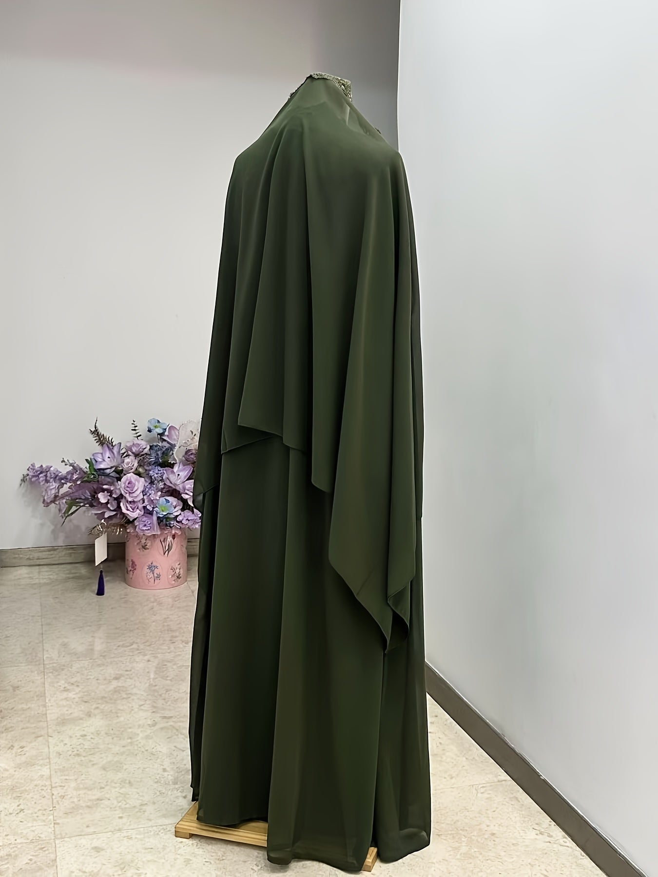 3pcs Middle Eastern Abaya Robe Set - Modest Long Sleeve Lace-Trimmed Abaya with Headscarf, Solid Color, Non-Stretch Fabric, Regular Sleeve, All-Season Wear, Loose Fit, H-Line Silhouette, Islamic Fashion, Modest Apparel | Lace