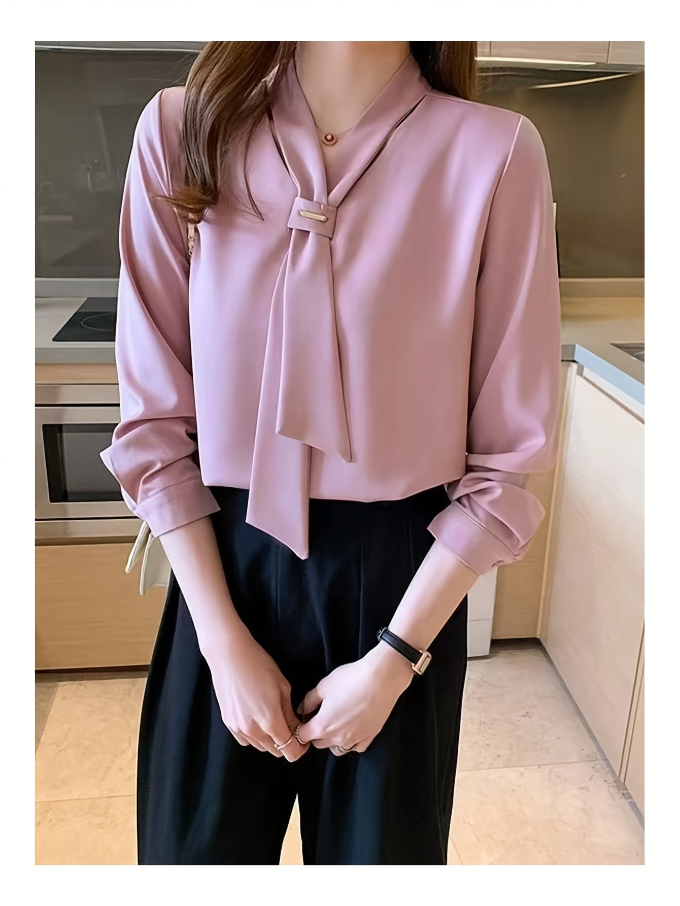 Solid Color Elegant Women's Long Sleeve Shirt with Bow Detail - Casual Chic Blouse for Casual Attire, All-Season Versatile Top, Ladies Blouses