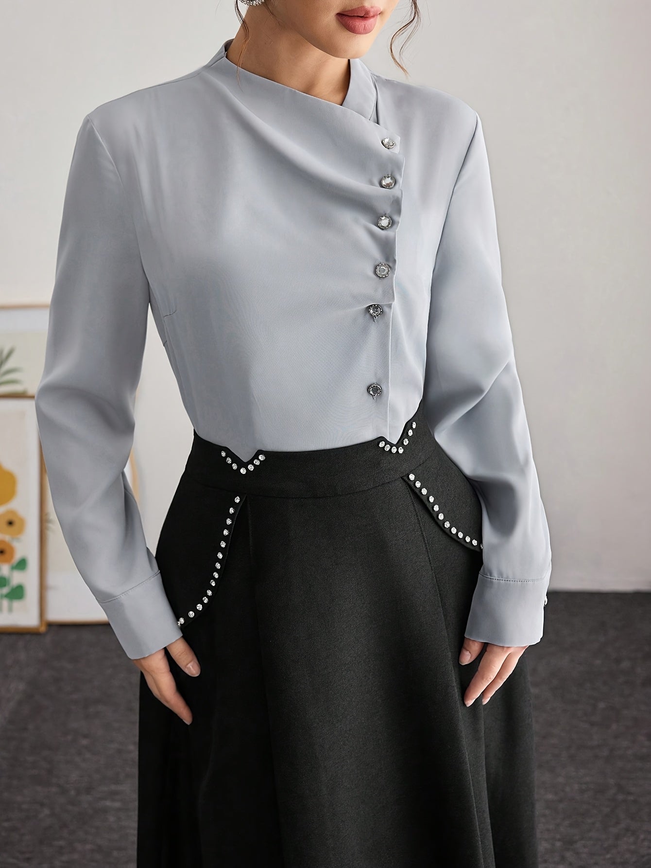 Women's Elegant French-Inspired Lace-Up Blouse with Cross Neckline & Pleated Detailing - Thick Non-Pilling Long Sleeve Shirt, Machine Washable Solid Color Top for Spring/Fall Office & Casual Wear, Lace Long Sleeve Top, Profes