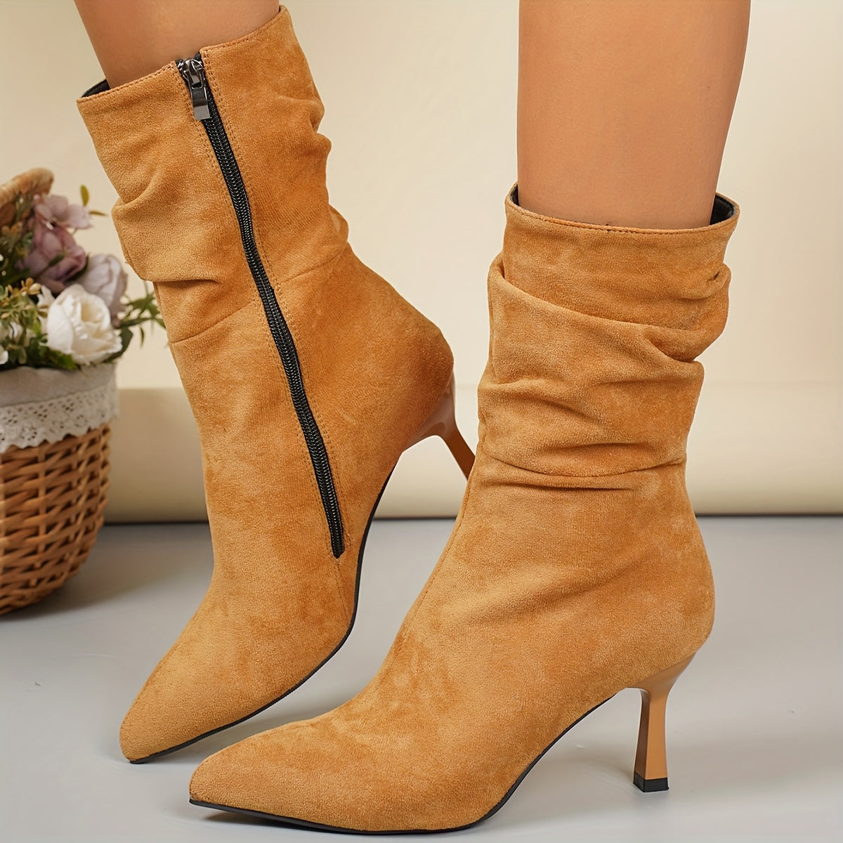 Women's Plus Size Chic Pointed Toe Boots - Slip-resistant Rubber Sole, Elegant Side Zipper Closure, Soft Fabric Lined Interior - Brown Formal & Everyday Boots for Women, Professional Footwear