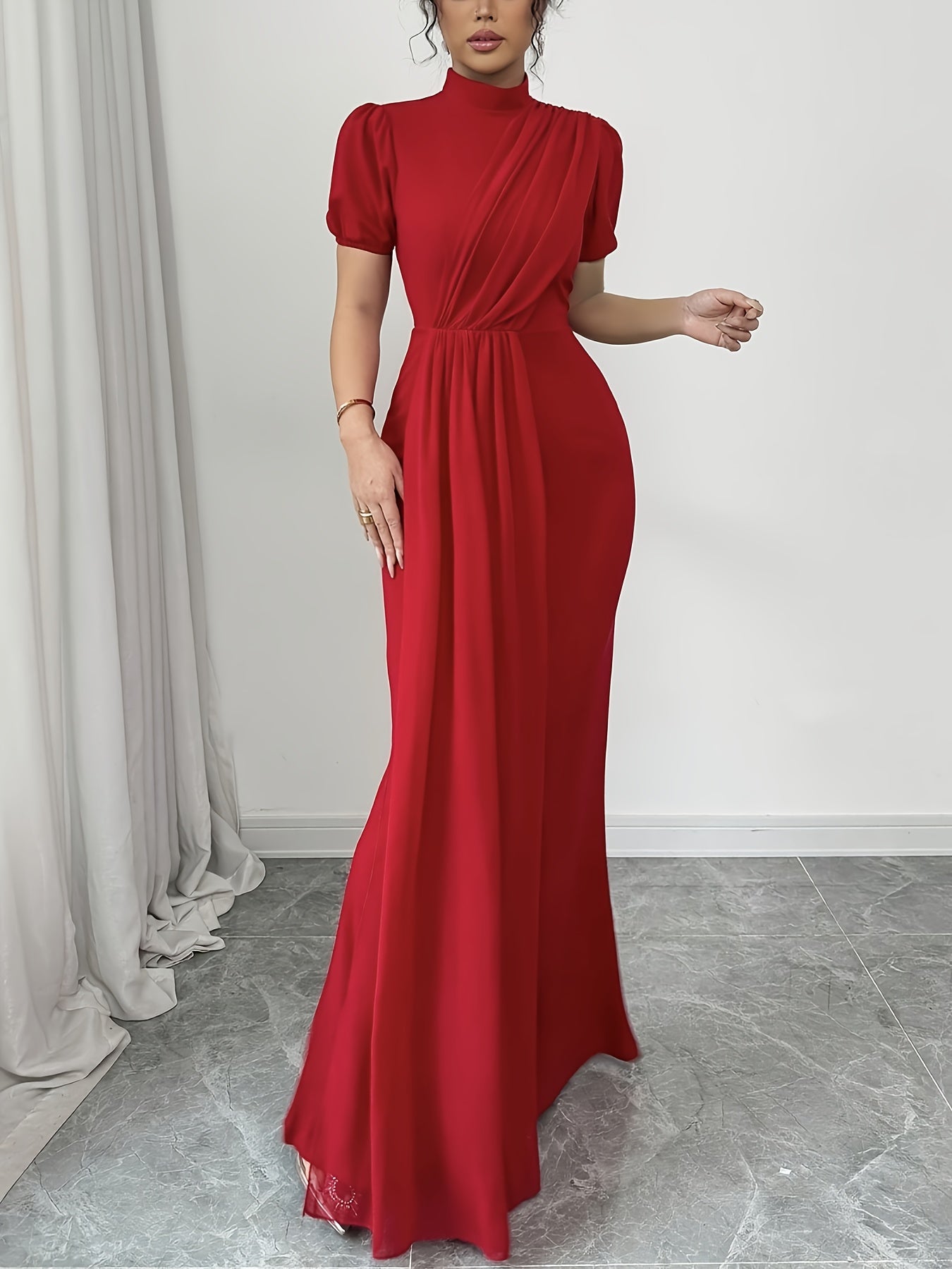 Elegant Red Midi Dress for Women - High Neck, Short Sleeves, Ruched Waist, Flowing Skirt, Perfect for Weddings or Formal Events, Polyester Blend, Machine Washable, Formal Event Attire|Ruched Waist Dress|Polyester Blend Dress